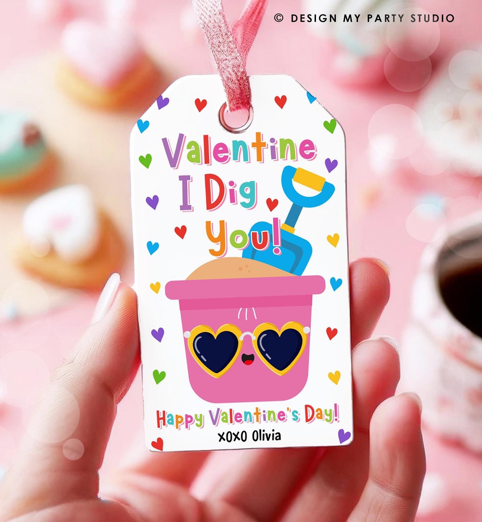 Editable Valentine I Dig You Valentines Day Gift Tag Pink Girl Shovel Bucket Beach Sand Favor Kids School Classroom Template Printable 0370