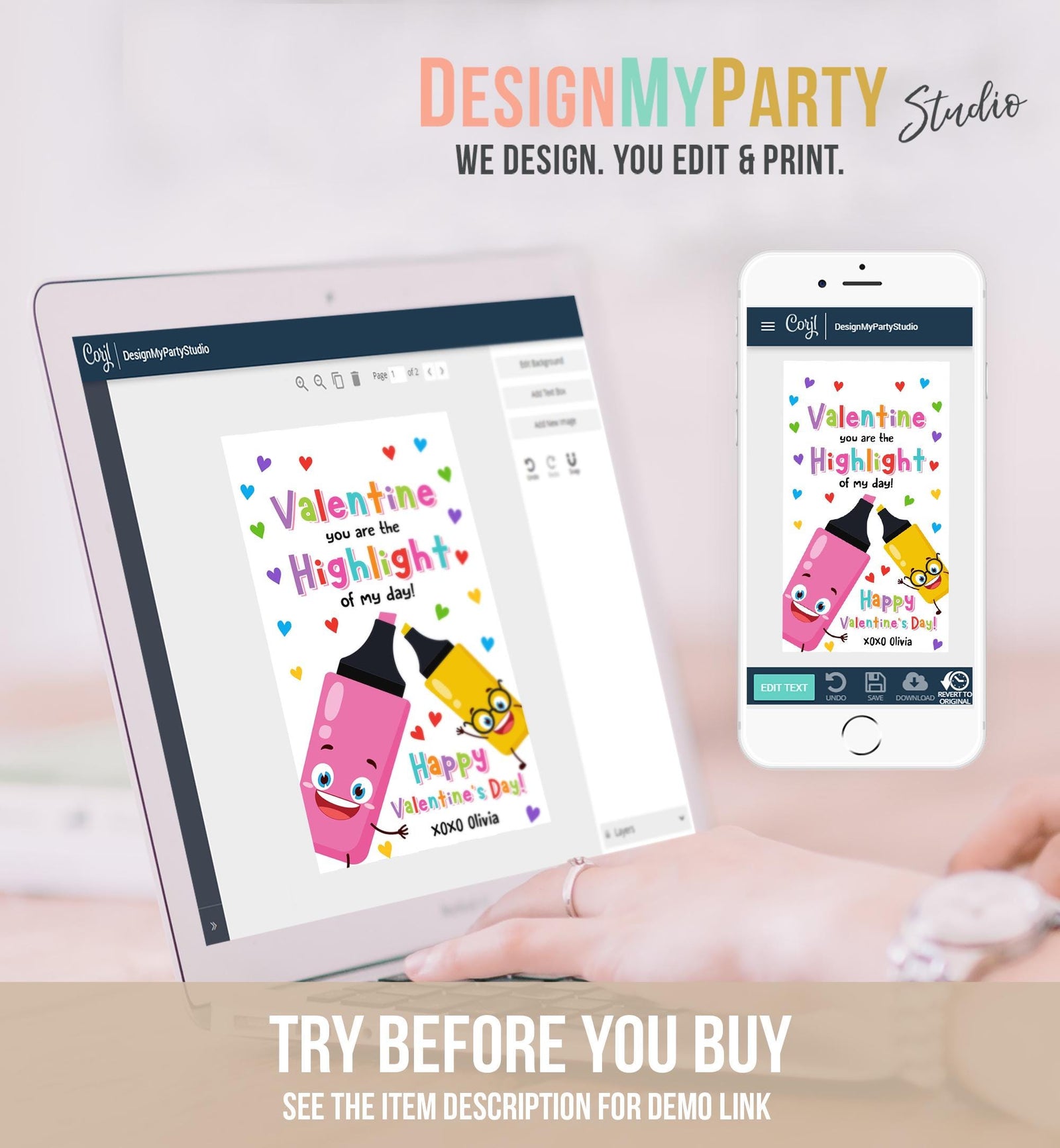 Editable Valentine You're the Highlight Valentines Day Gift Tag Markers Pen Highlighter Favor Kids School Classroom Template Printable 0370