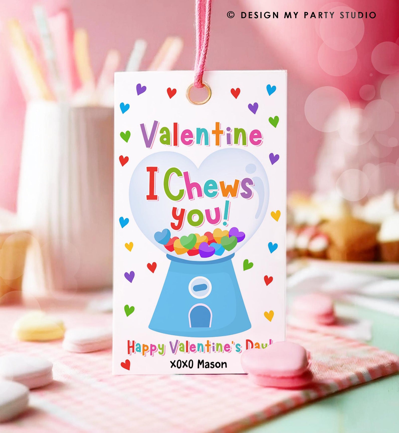 Editable I Chews You Valentines Day Gift Tag Valentine Boy Gumball Machine Bubble Gum Favor Kids School Classroom Template Printable 0370