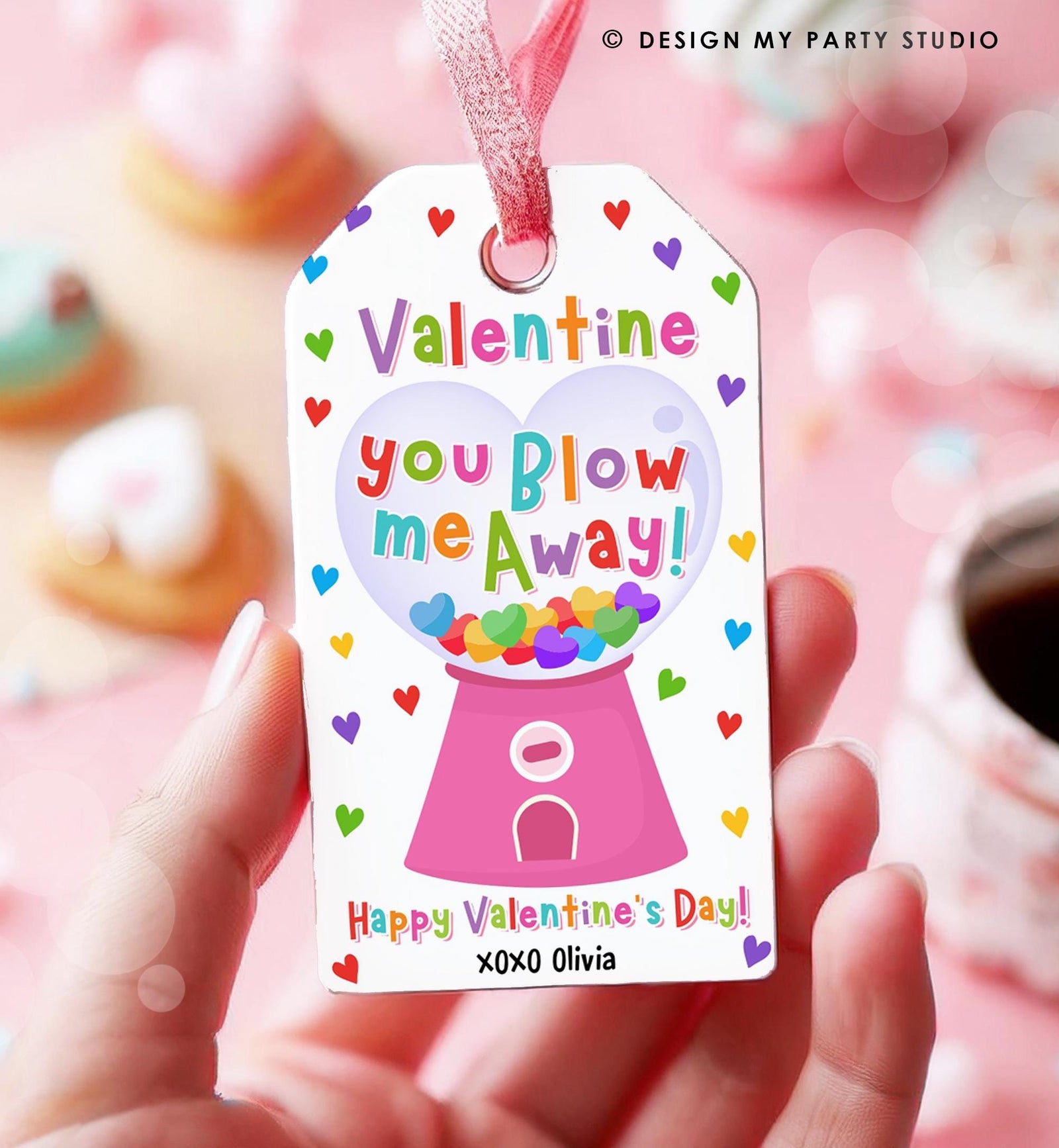 Editable Valentine You Blow Me Away Valentines Day Gift Tag Girl Gumball Machine Bubble Gum Kids School Classroom Template Printable 0370