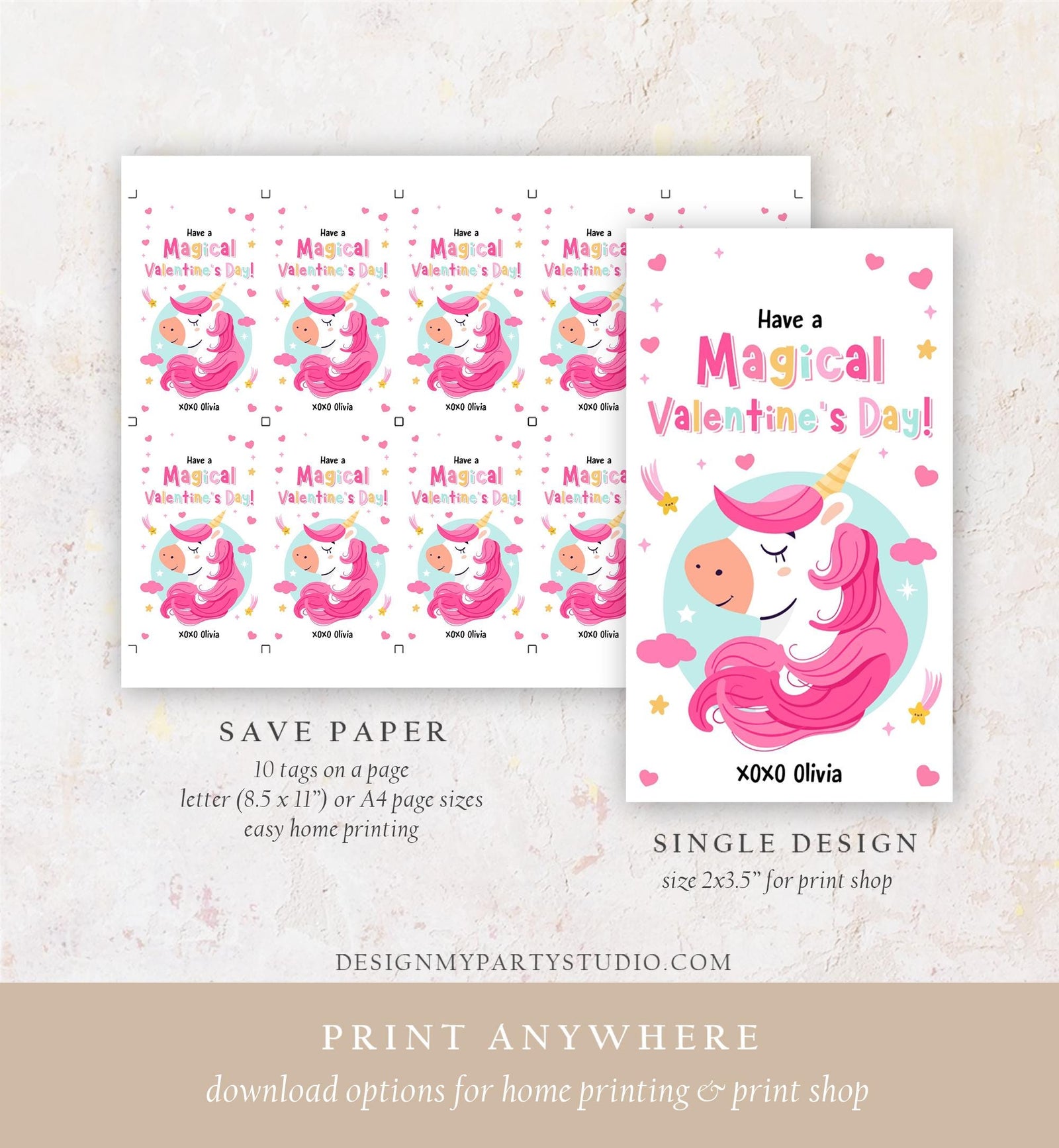 Editable Unicorn Magical Valentine's Day Valentine Day Gift Tag Rainbow Goody Bag Favor Kids School Classroom Template Printable 0370