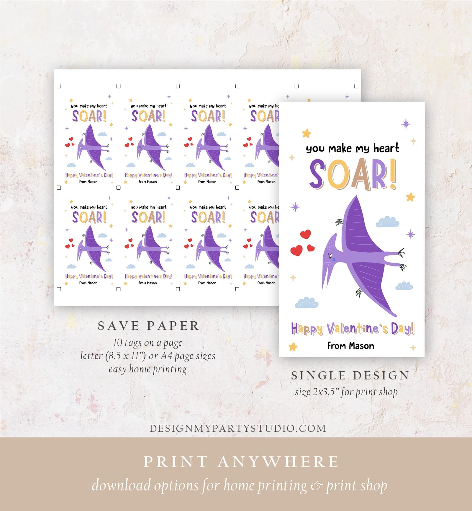 Editable You Make My Heart Soar Valentines Day Gift Tag Flying Dinosaur Dino Pterosaurs Card Kids School Classroom Template Printable 0370