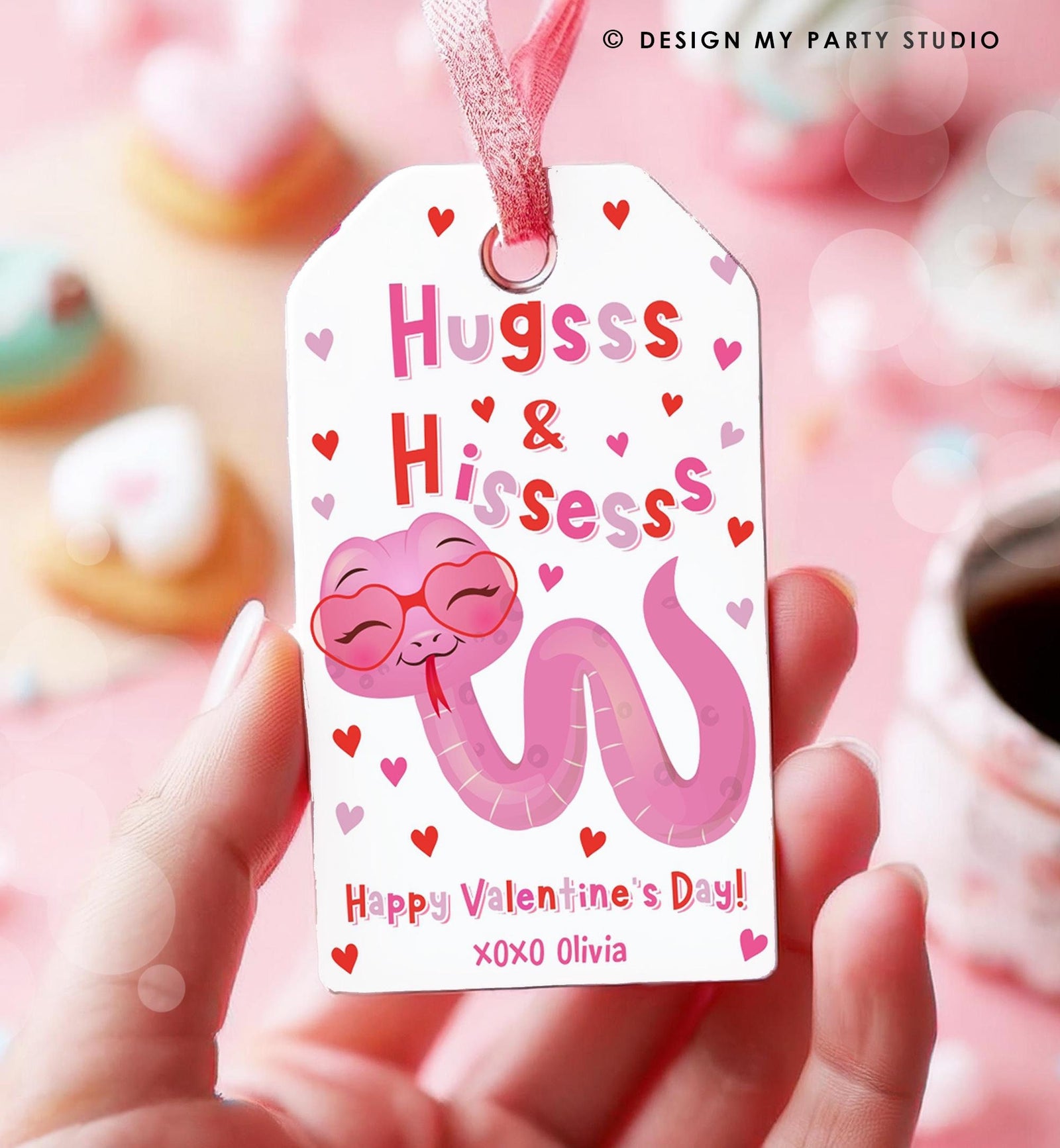Editable Hugs and Hisses Valentines Day Gift Tag Valentine Snake Reptile Pink Girl Bag Favor Kids School Classroom Template Printable 0370
