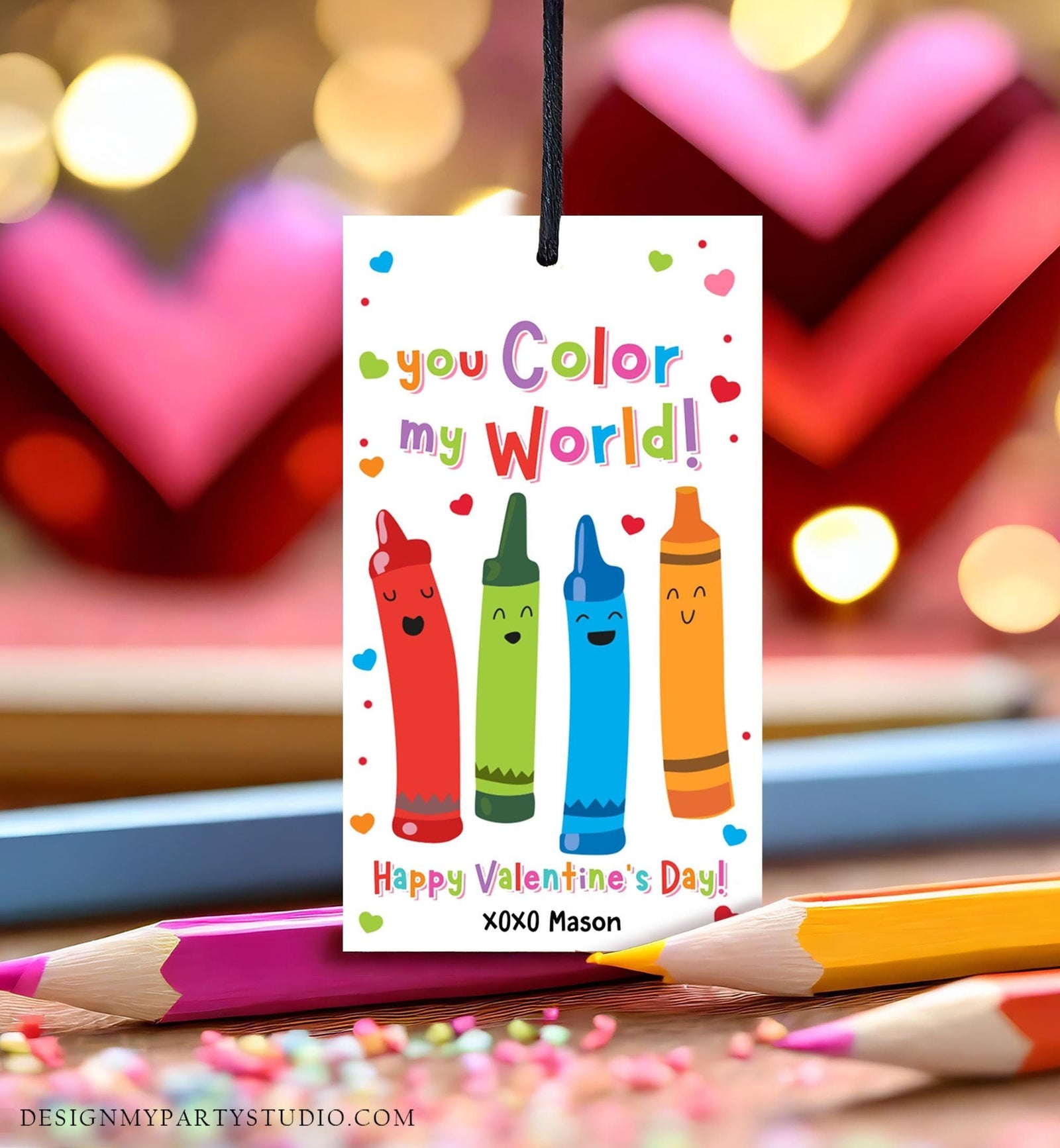 Editable You Color My World Crayon Valentines Day Gift Tag Valentine Paint Colors Bag Favor Kids School Classroom Template Printable 0370