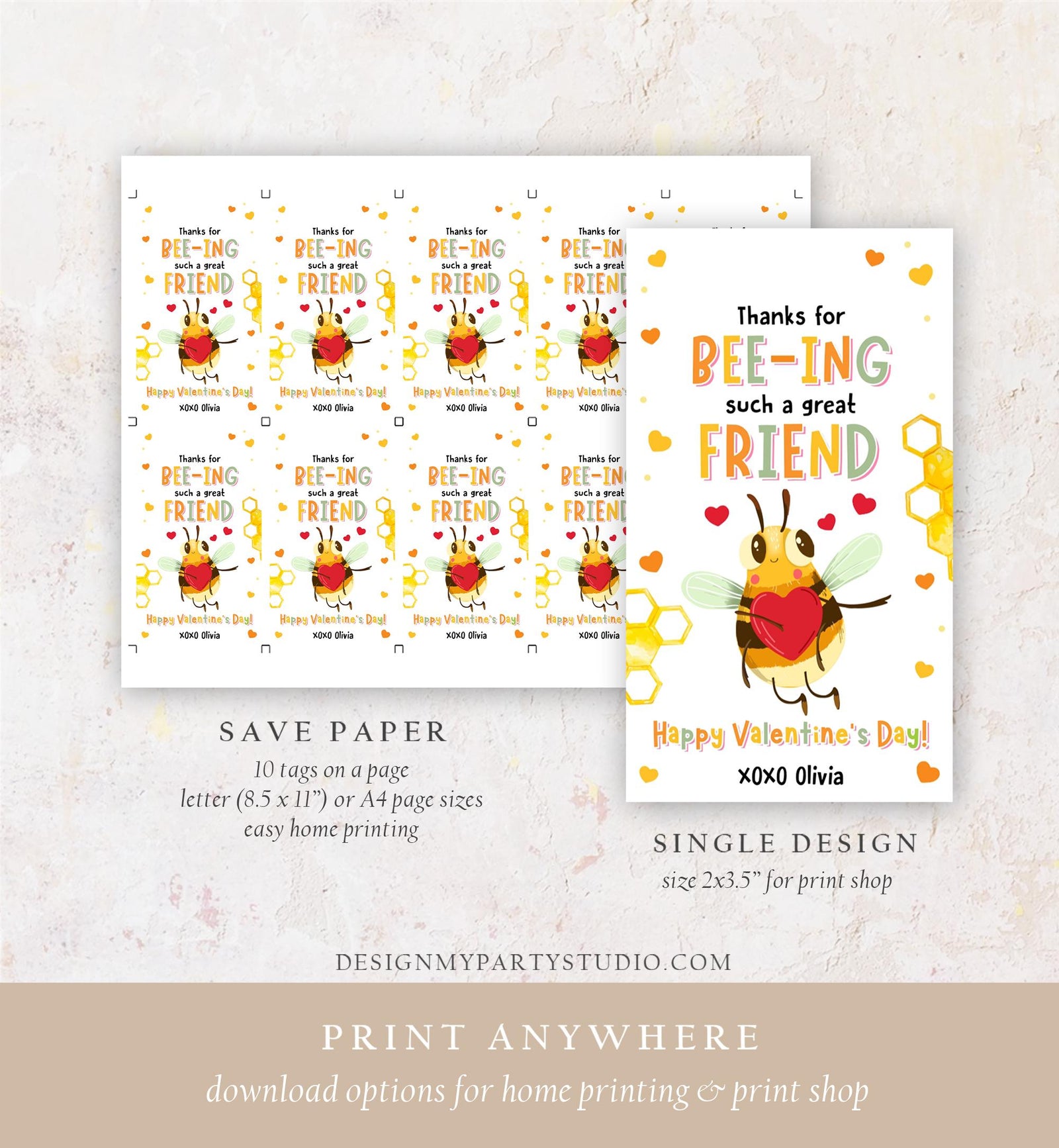 Editable Thanks for Bee-ing such a great Friend Valentines Day Gift Tag Valentine Bee Honey Kids School Classroom Template Printable 0370
