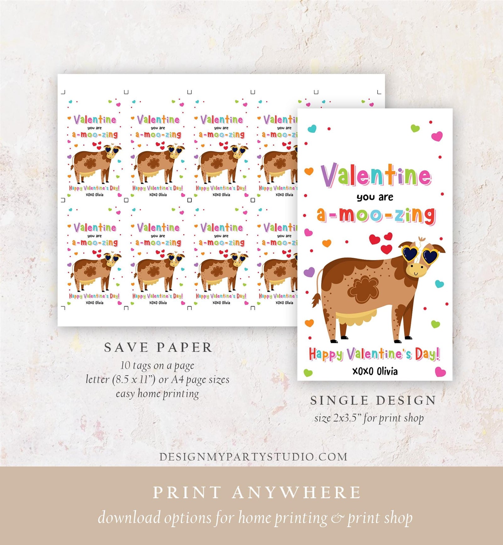 Editable Valentine You Are a-MOO-zing Valentines Day Gift Tag Valentine Cow Moo Amazing Kids School Classroom Template Printable 0370