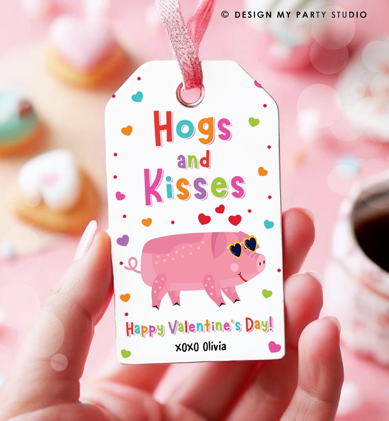 Editable Hogs and Kisses Valentines Day Gift Tag Valentine Pig Deal Farm Animals Hoggy Bacon Kids School Classroom Template Printable 0370