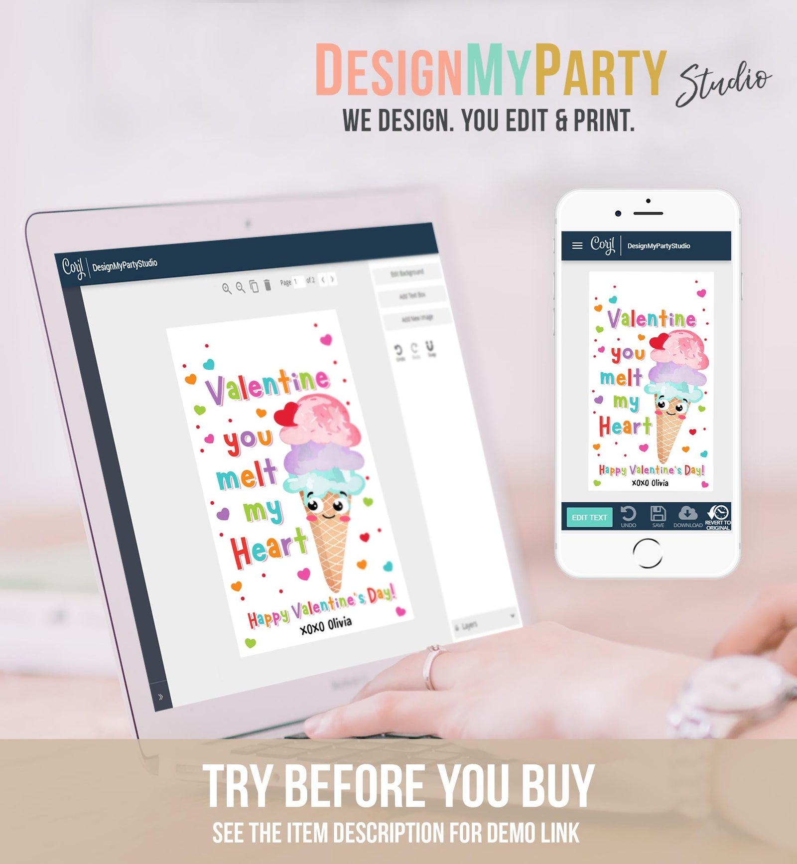 Editable Ice Cream Valentines Day Gift Tag Valentine You Melt My Heart Here's the Scoop Candy Heart School Classroom Template Printable 0370