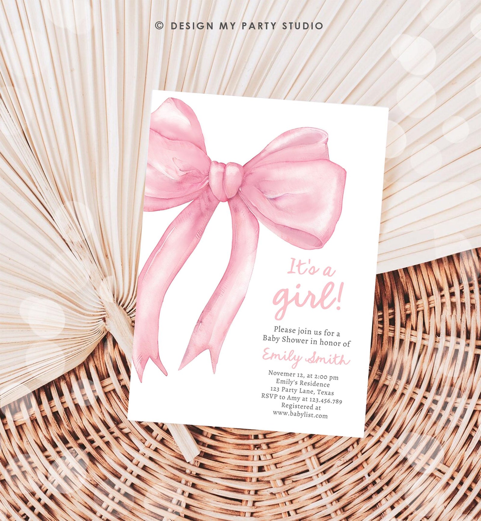 Editable Blush Pink Bow Baby Shower Invitation Girl Pink Coquette Baby Shower Invite Preppy Minimalist Template Digital Download Evite 0527