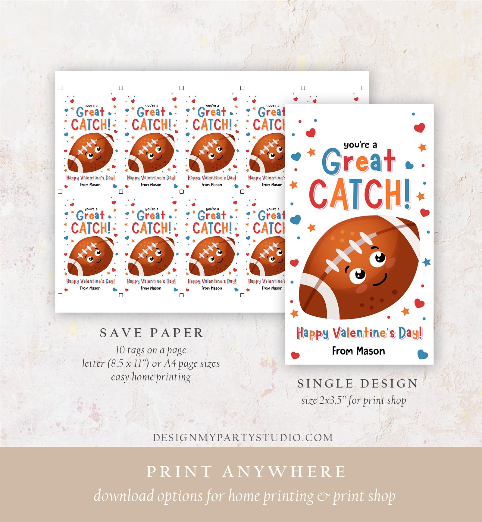 Editable You're a Great Catch Valentines Day Gift Tag Rugby American Football Ball Touchdown Kids School Classroom Template Printable 0370