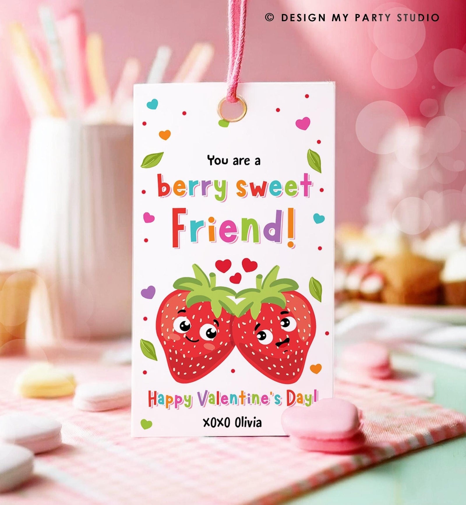 Editable You are a Berry Sweet Friend Valentines Day Gift Tag Strawberry Strawberries Card Kids School Classroom Template Printable 0370