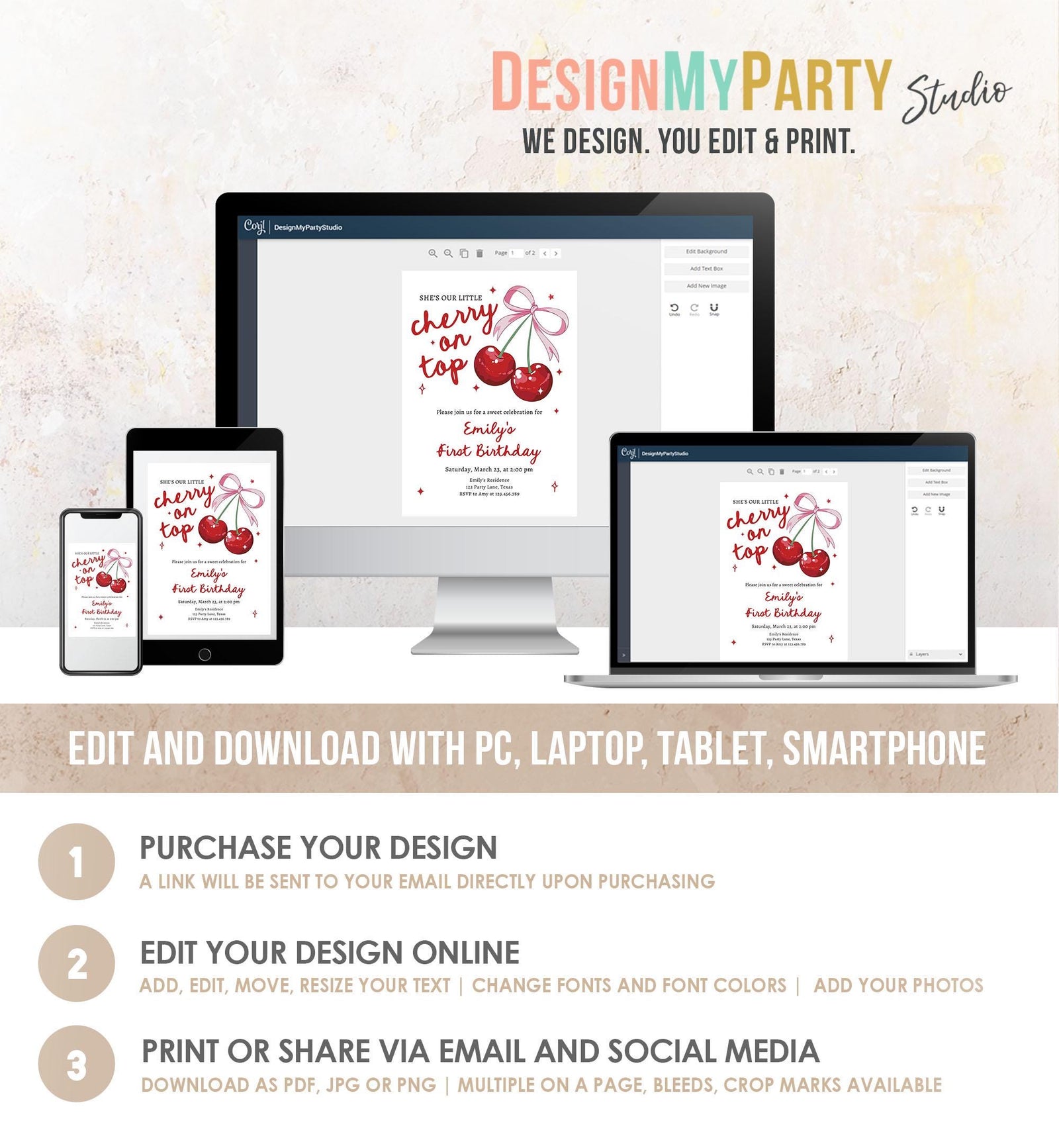 Editable Cherry Birthday Invitation Little Cherry On Top Preppy Coquette Bow Berries Berry Girl Modern Evite Template Digital Download 0539