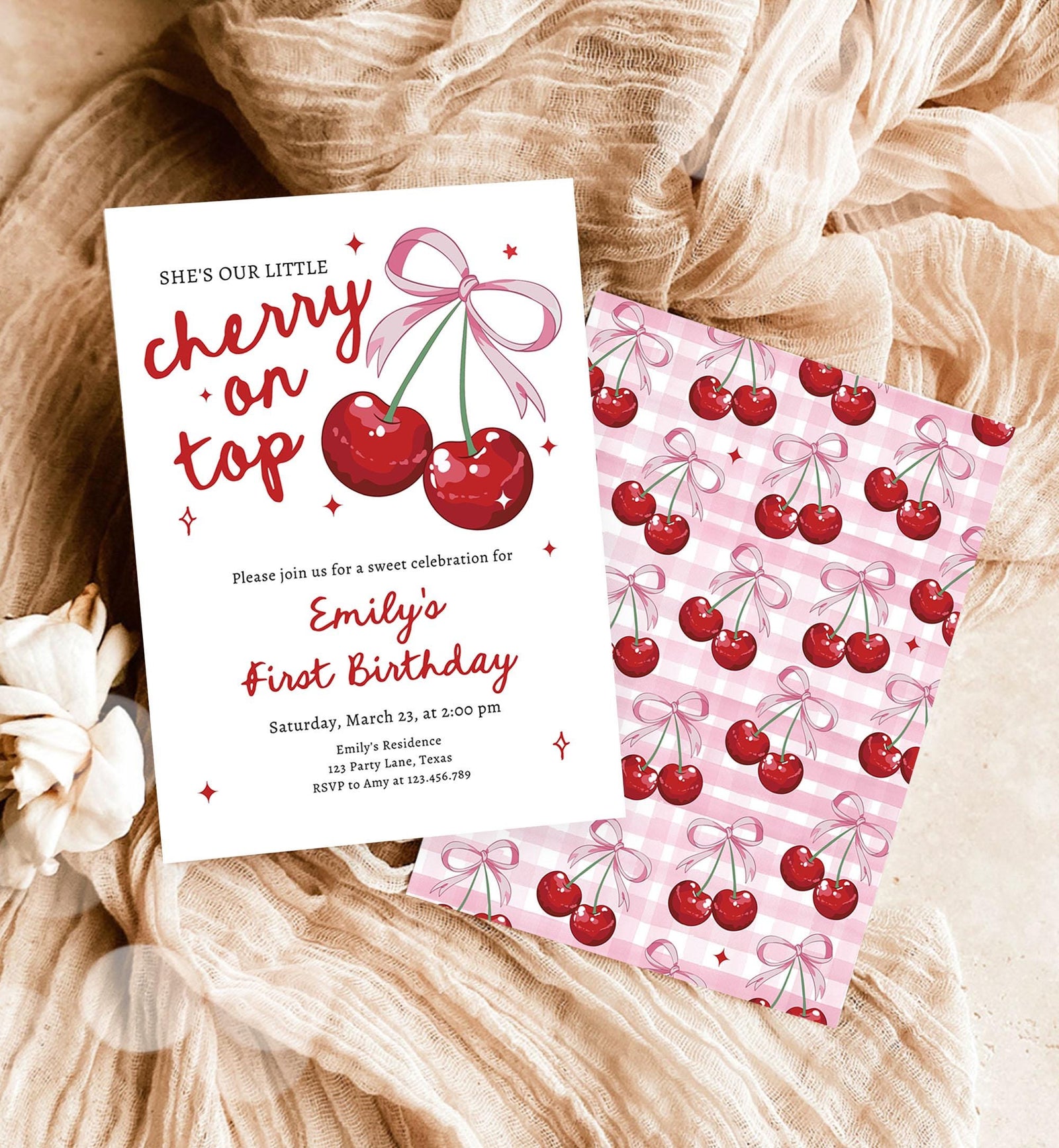 Editable Cherry Birthday Invitation Little Cherry On Top Preppy Coquette Bow Berries Berry Girl Modern Evite Template Digital Download 0539