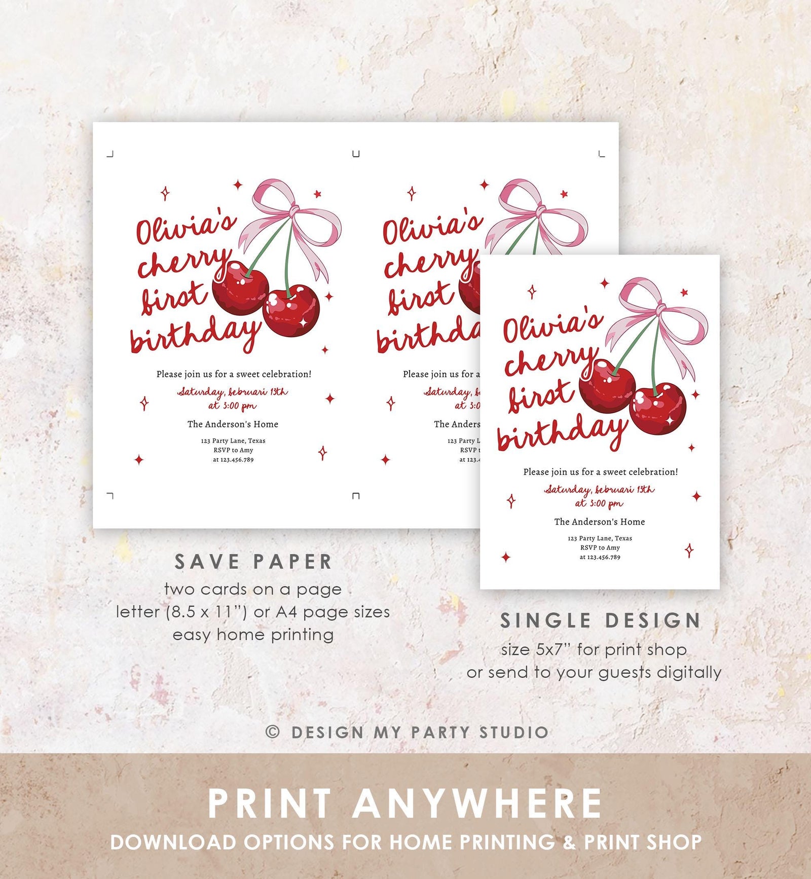 Editable Cherry First Birthday Invitation Little Cherry On Top Preppy Coquette Bow Berries Berry Girl Evite Template Digital Download 0539