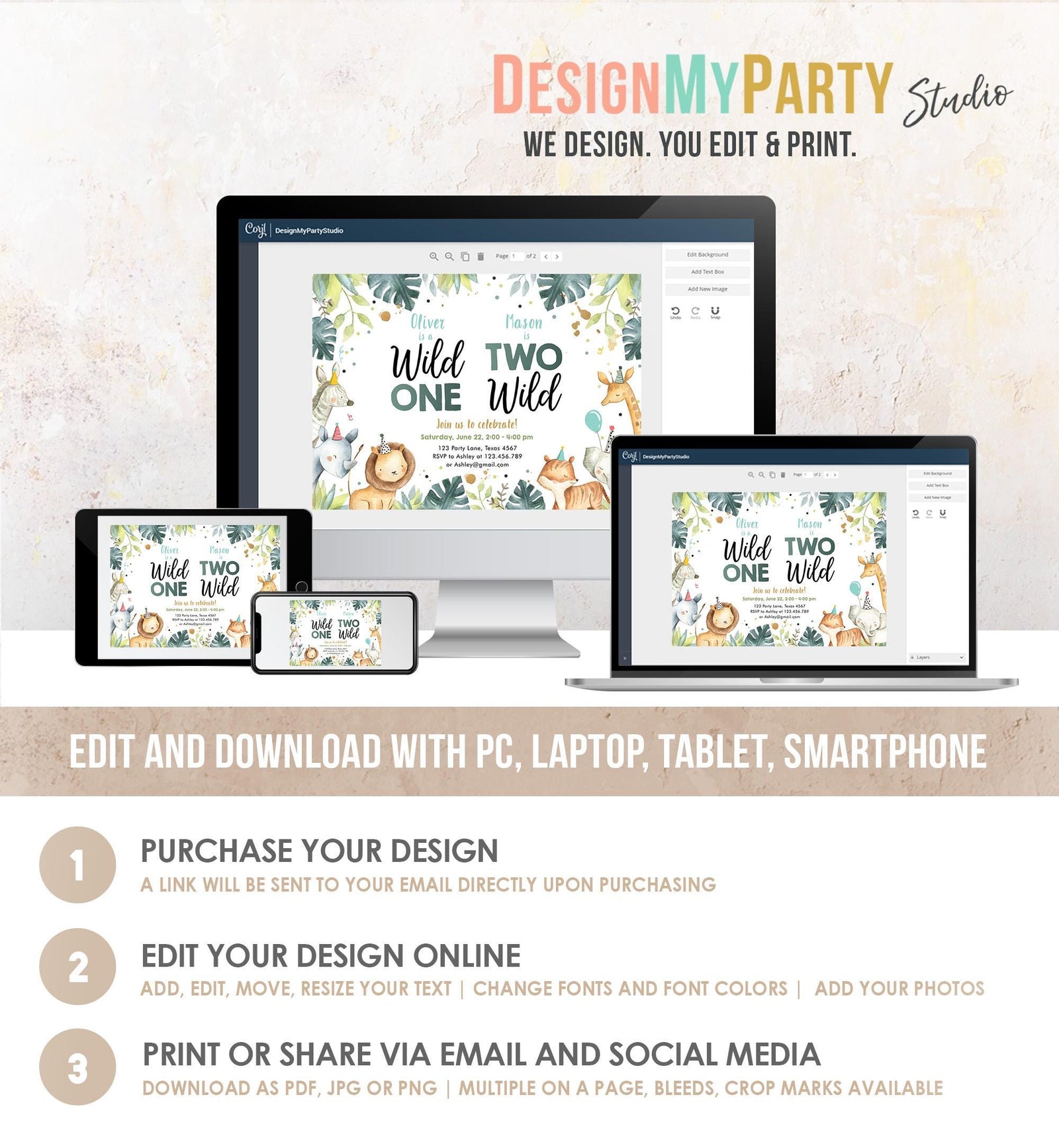 Editable Safari Animals Joint Birthday Invitation Boys Wild One Two Wild Combined Zoo 1st 2nd First Second Digital Template Printable 0163