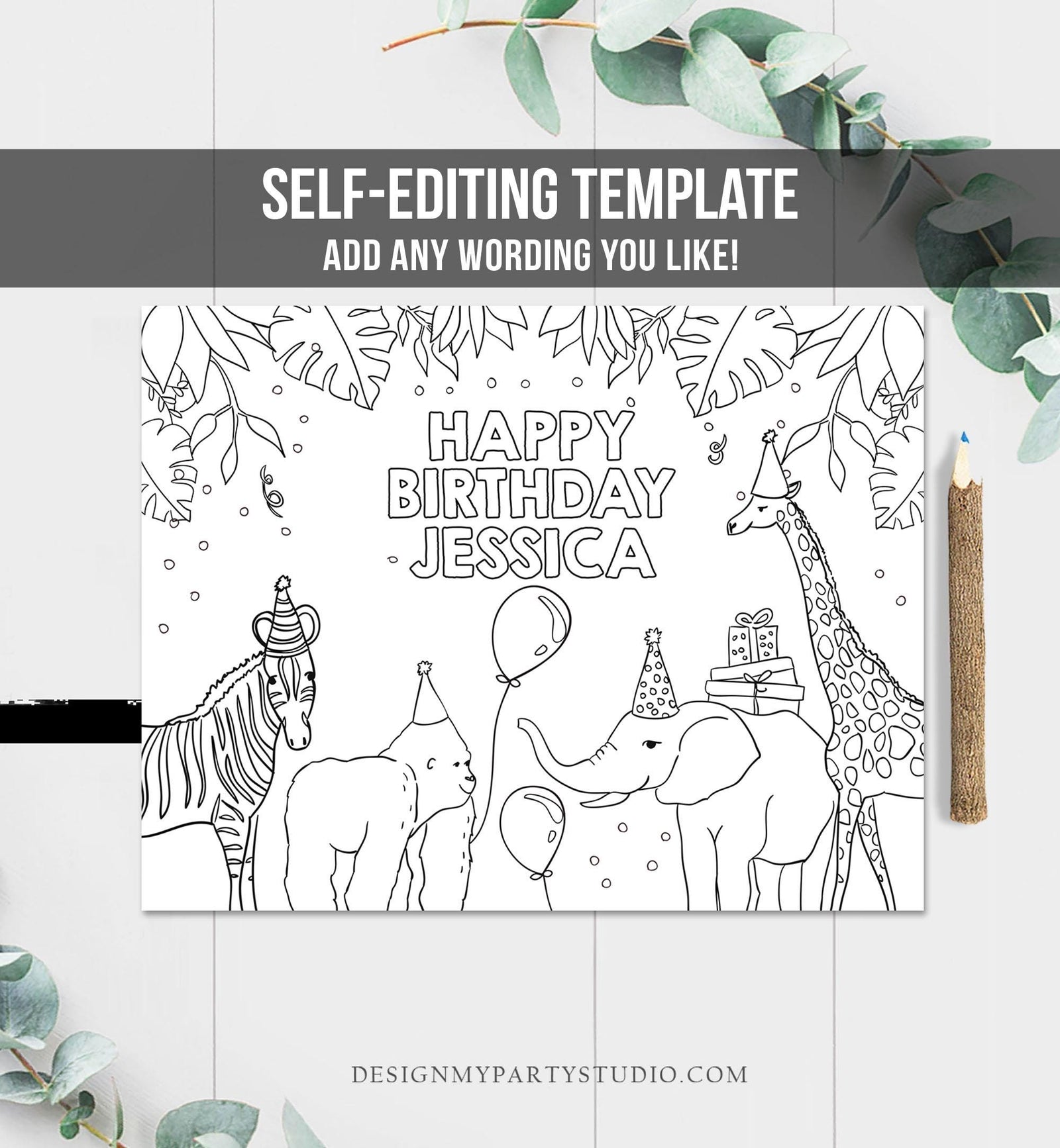 Editable Coloring Page Safari Animal Birthday Party Activity Game Wild One Birthday Zoo Jungle Party Animals Download Printable Digital 0142