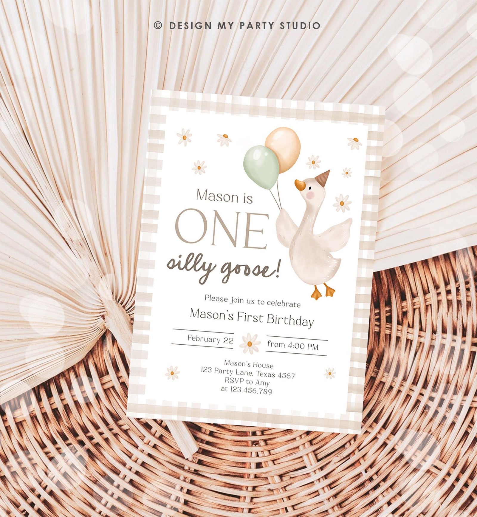 Editable Silly Goose Birthday Invitation Girl Boy Spring Birthday Party Farm Goose 1st Birthday Digital Download Template Printable 0540