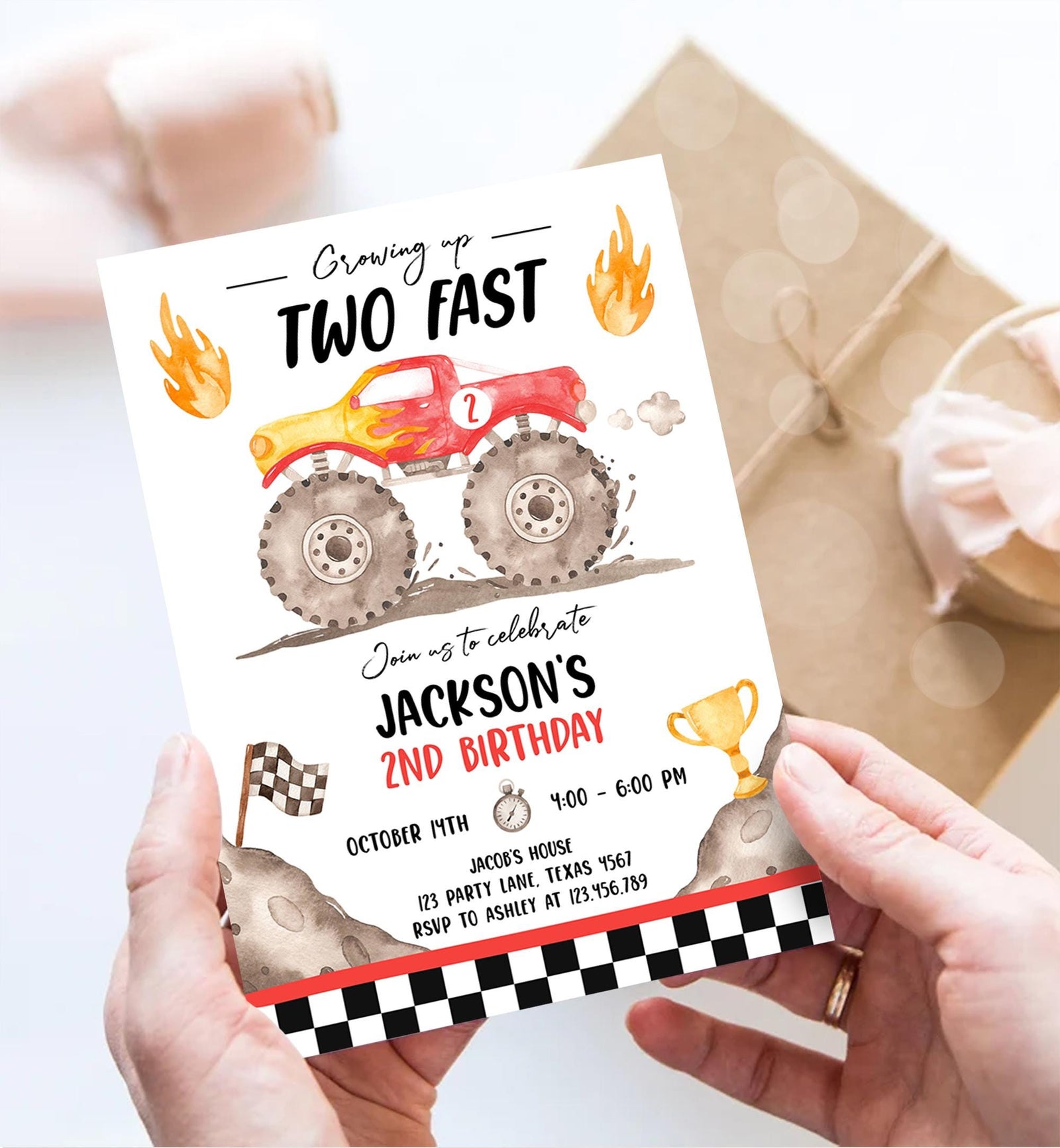 Editable Monster Truck Birthday Invitation Growing Up Two Fast Bash Red Second Birthday 2nd Boy Digital Download Template Printable 0541