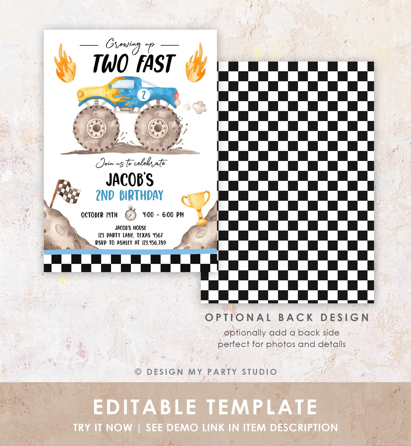 Editable Monster Truck Birthday Invitation Growing Up Two Fast Bash Blue Second Birthday 2nd Boy Digital Download Template Printable 0541
