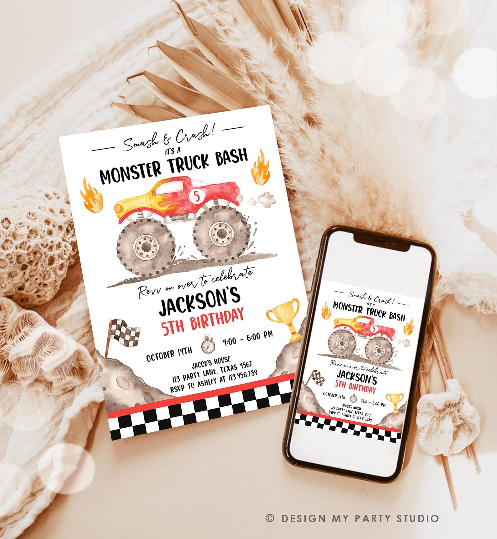 Editable Monster Truck Birthday Invitation Smash and Crash Monster Truck Bash Red Revv on Over Boy Digital Download Template Printable 0541