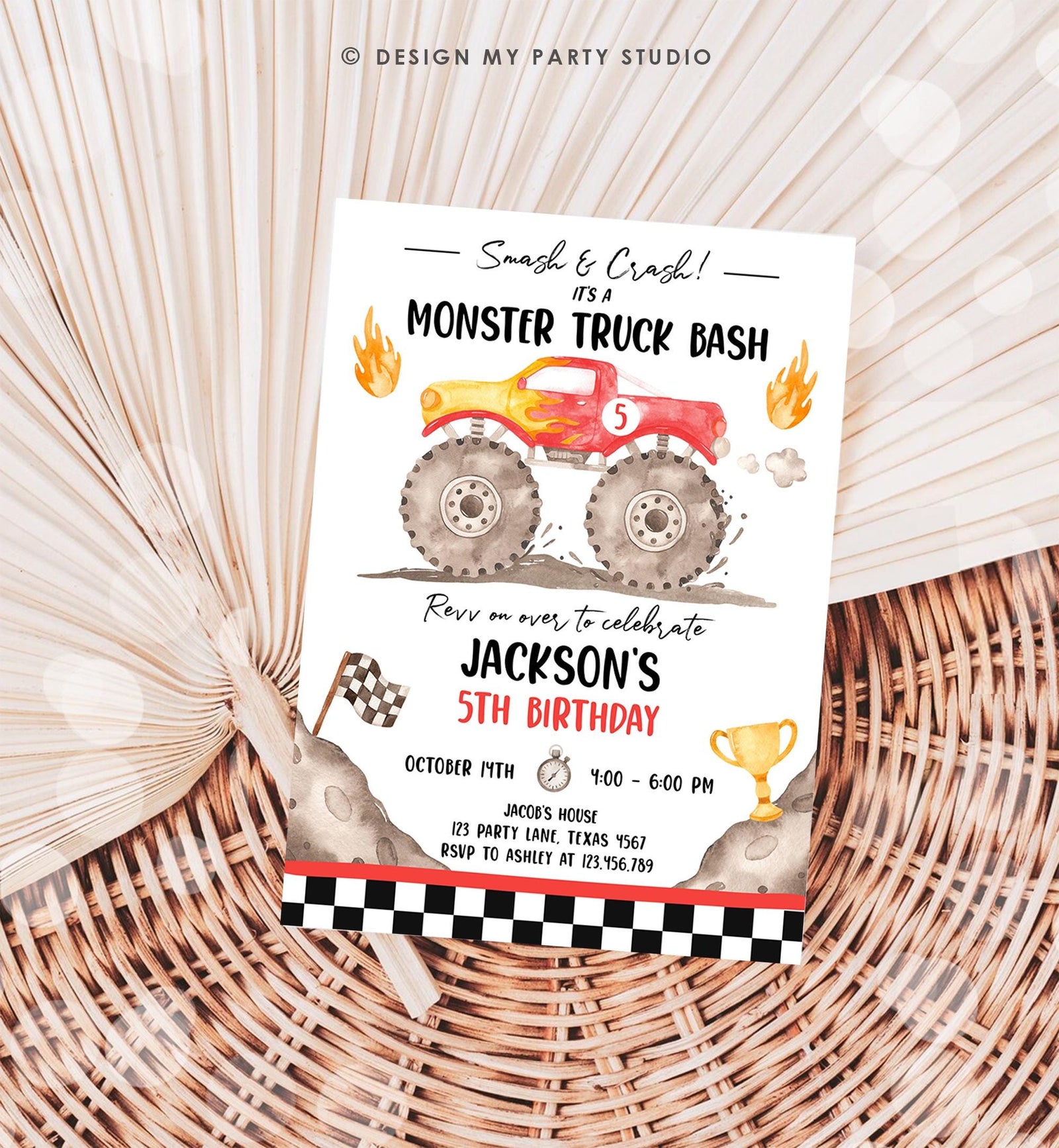 Editable Monster Truck Birthday Invitation Smash and Crash Monster Truck Bash Red Revv on Over Boy Digital Download Template Printable 0541