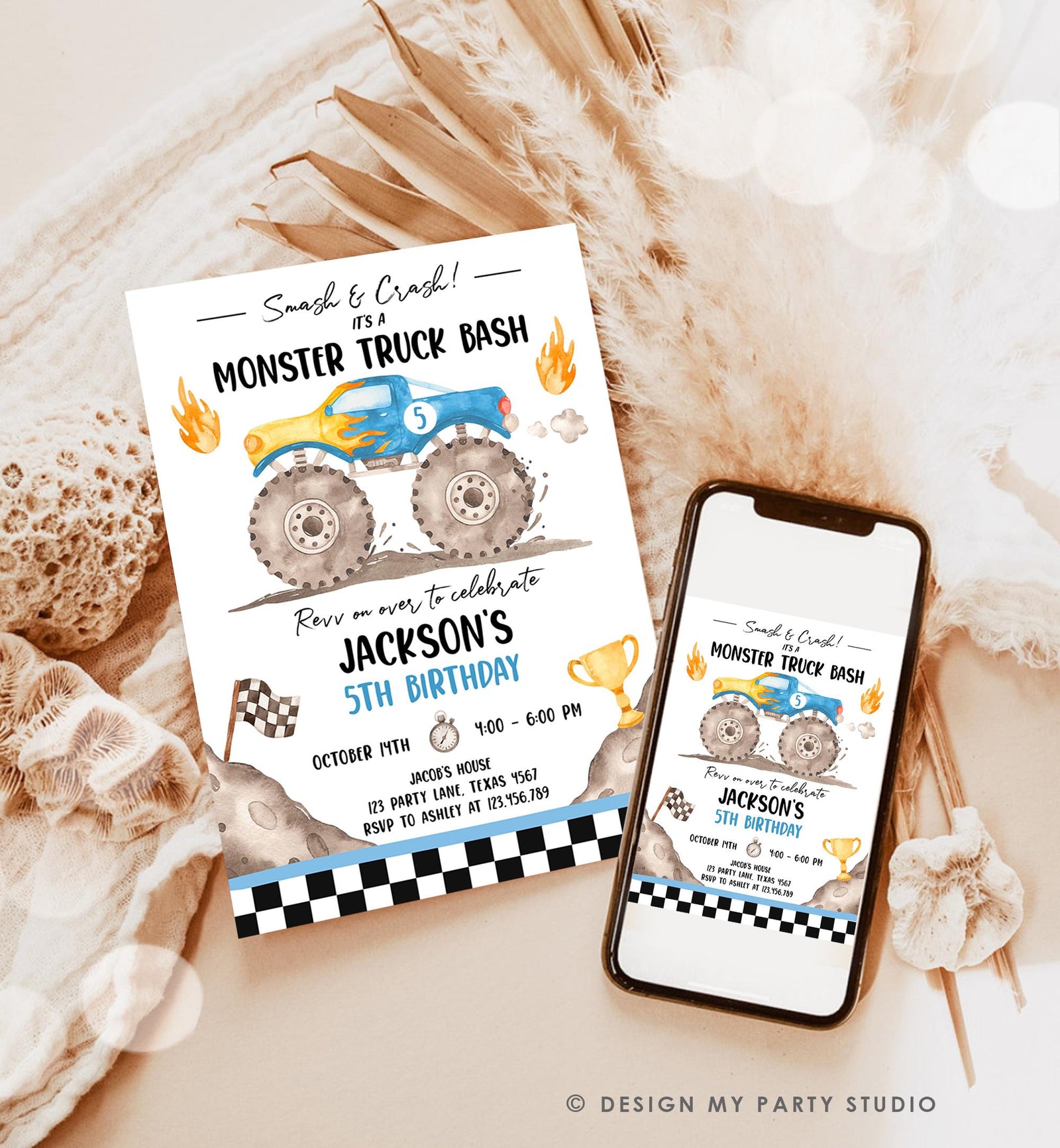 Editable Monster Truck Birthday Invitation Smash and Crash Monster Truck Bash Blue Revv on Over Boy Digital Download Template Printable 0541