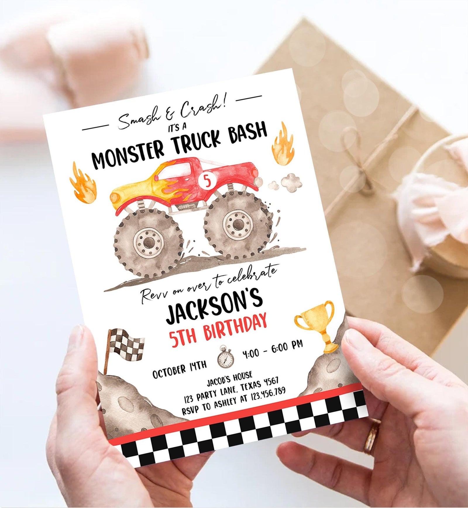 Editable Monster Truck Birthday Invitation Smash and Crash Monster Truck Bash Red Revv on Over Boy Digital Download Template Printable 0541
