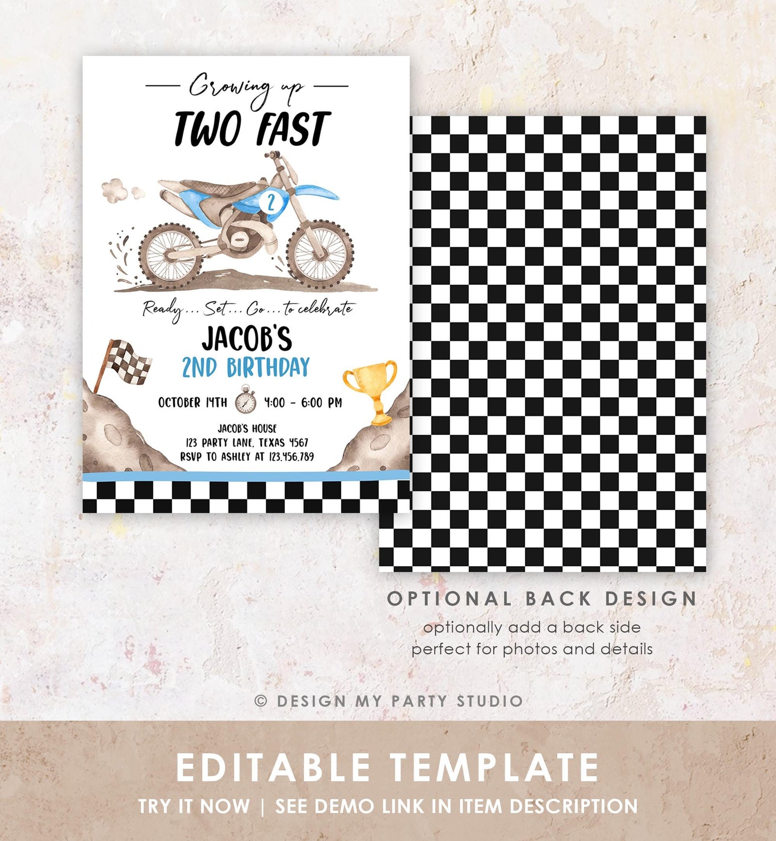 Editable Dirt Bike Birthday Invitation Growing Up Two Fast Motorbike Biking Motor Cross Blue Boy 2nd Second Digital Template Printable 0542