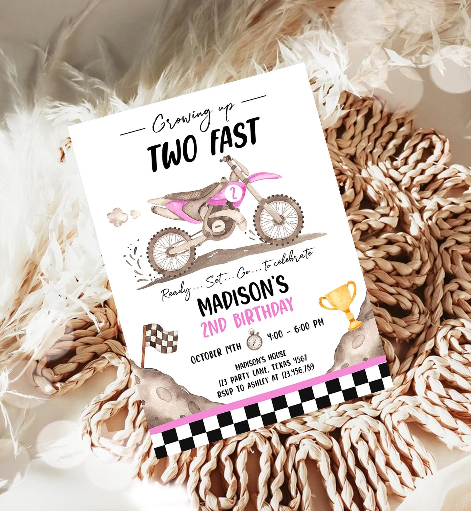 Editable Dirt Bike Birthday Invitation Growing Up Two Fast Motorbike Biking Motor Cross Pink Girl 2nd Second Digital Template Printable 0542