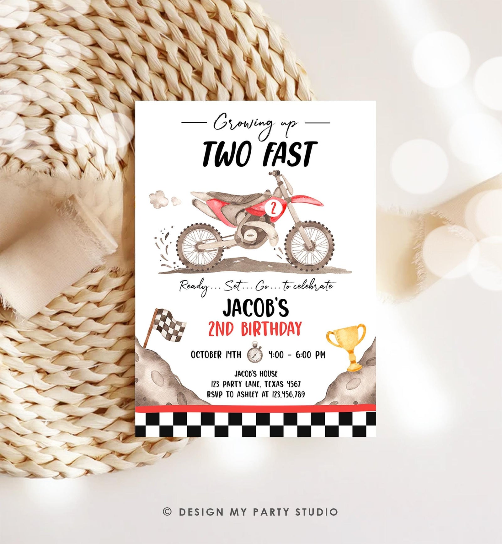 Editable Dirt Bike Birthday Invitation Growing Up Two Fast Motorbike Biking Motor Cross Blue Boy 2nd Second Digital Template Printable 0542