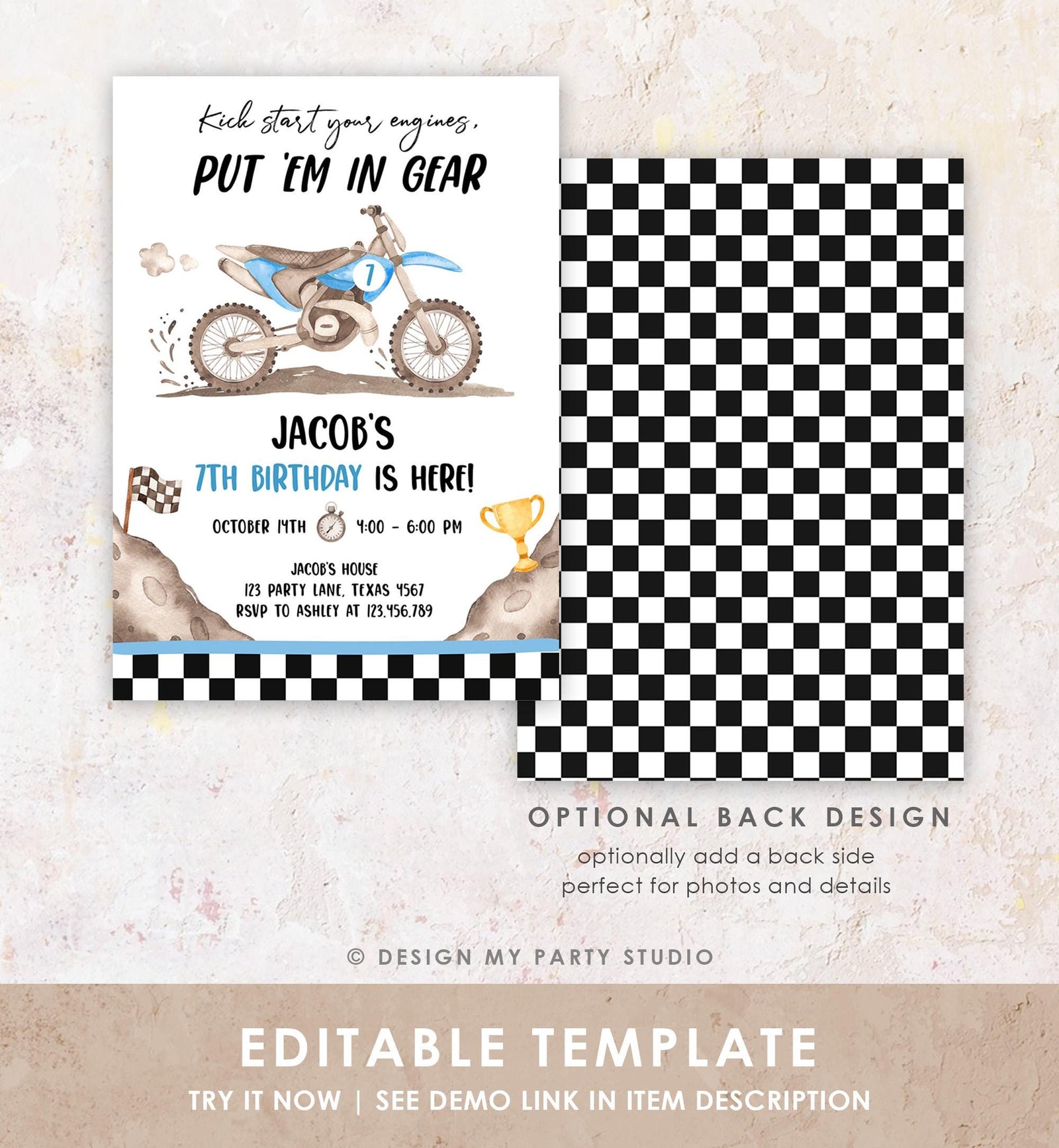 Editable Dirt Bike Birthday Invitation Start Engines Race on Over Motorbike Biking Motor Cross Blue Boy Digital Template Printable 0542