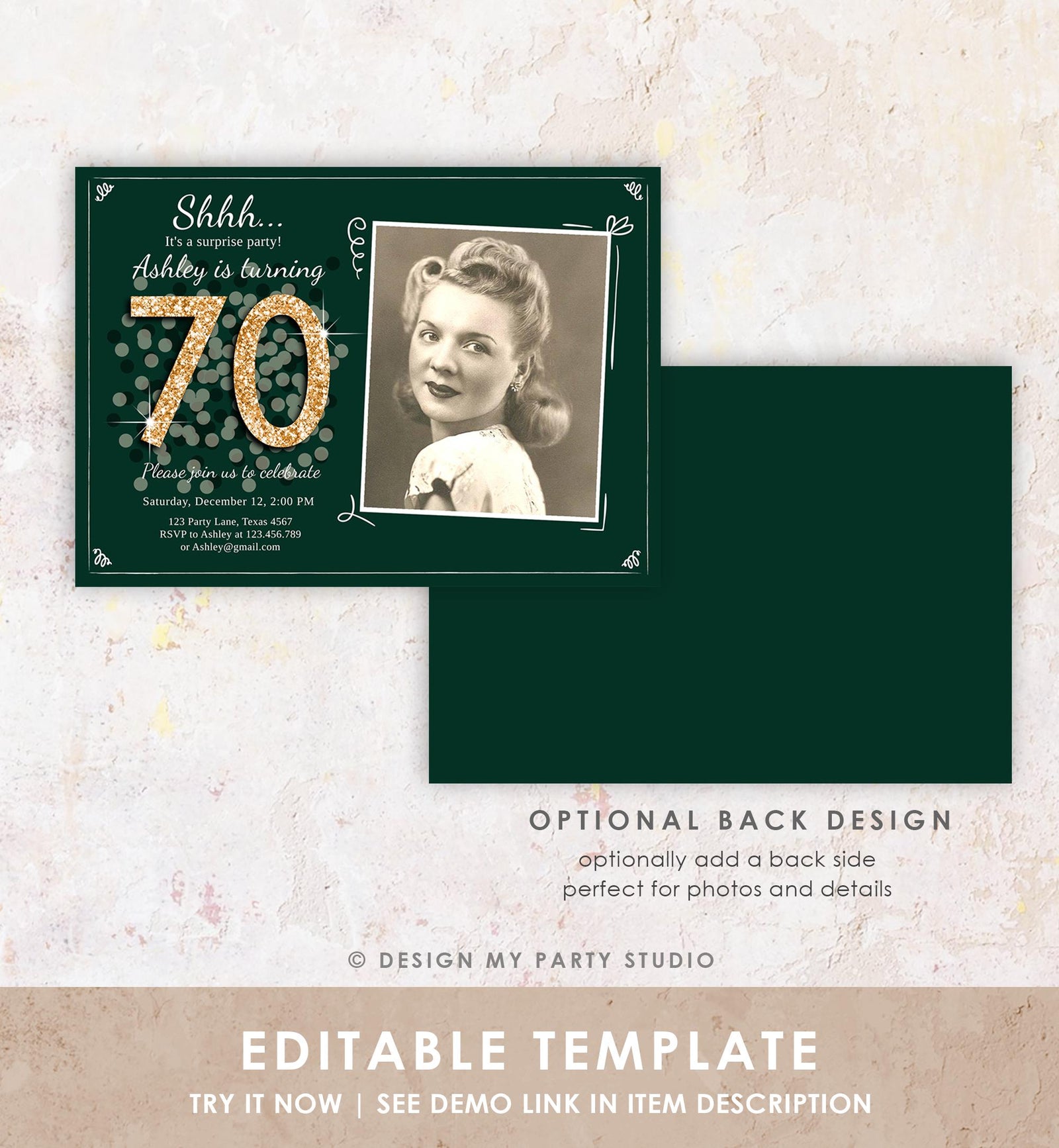 Editable ANY AGE Surprise Birthday Invitation Adult 70th Party Rustic Emerald Green Gold Glitter Photo Digital Evite Template Printable 0103