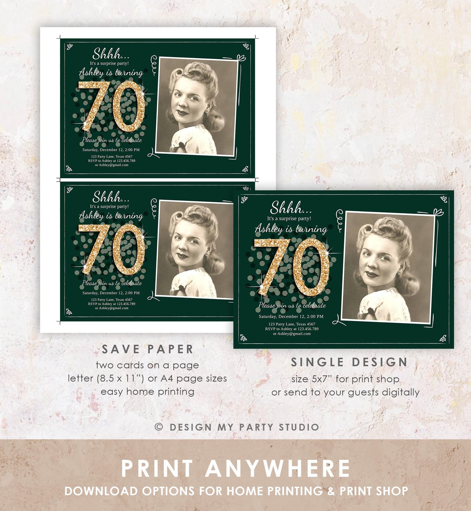 Editable ANY AGE Surprise Birthday Invitation Adult 70th Party Rustic Emerald Green Gold Glitter Photo Digital Evite Template Printable 0103
