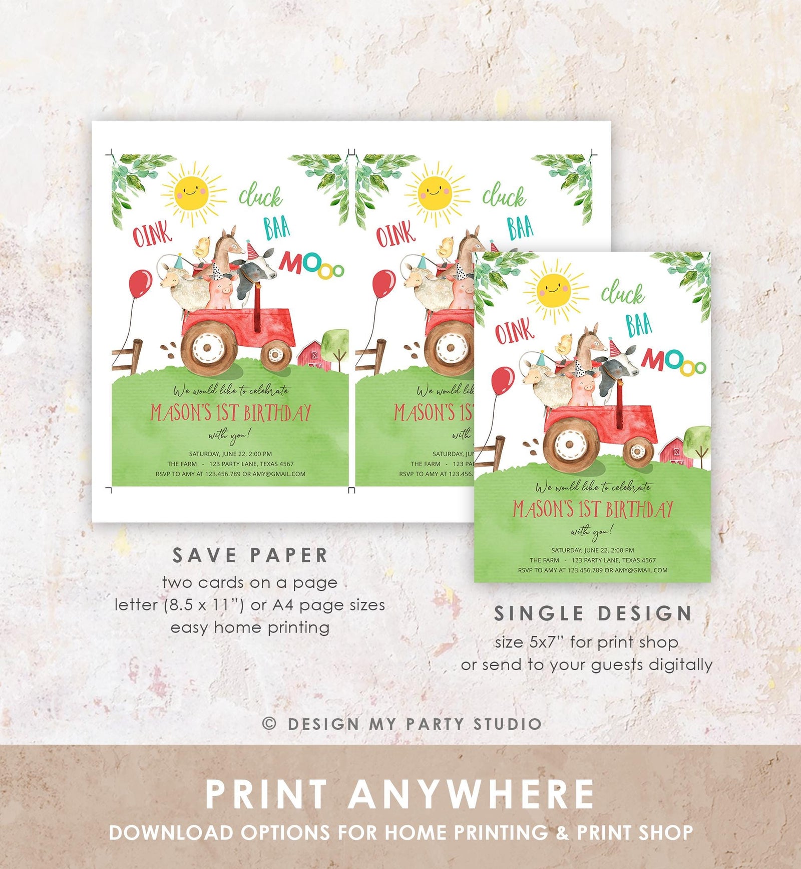 Editable Farm Animals Birthday Invitation Boy Party Animals Boy Barnyard Red Tractor Party Digital Download Evite Template Printable 0155