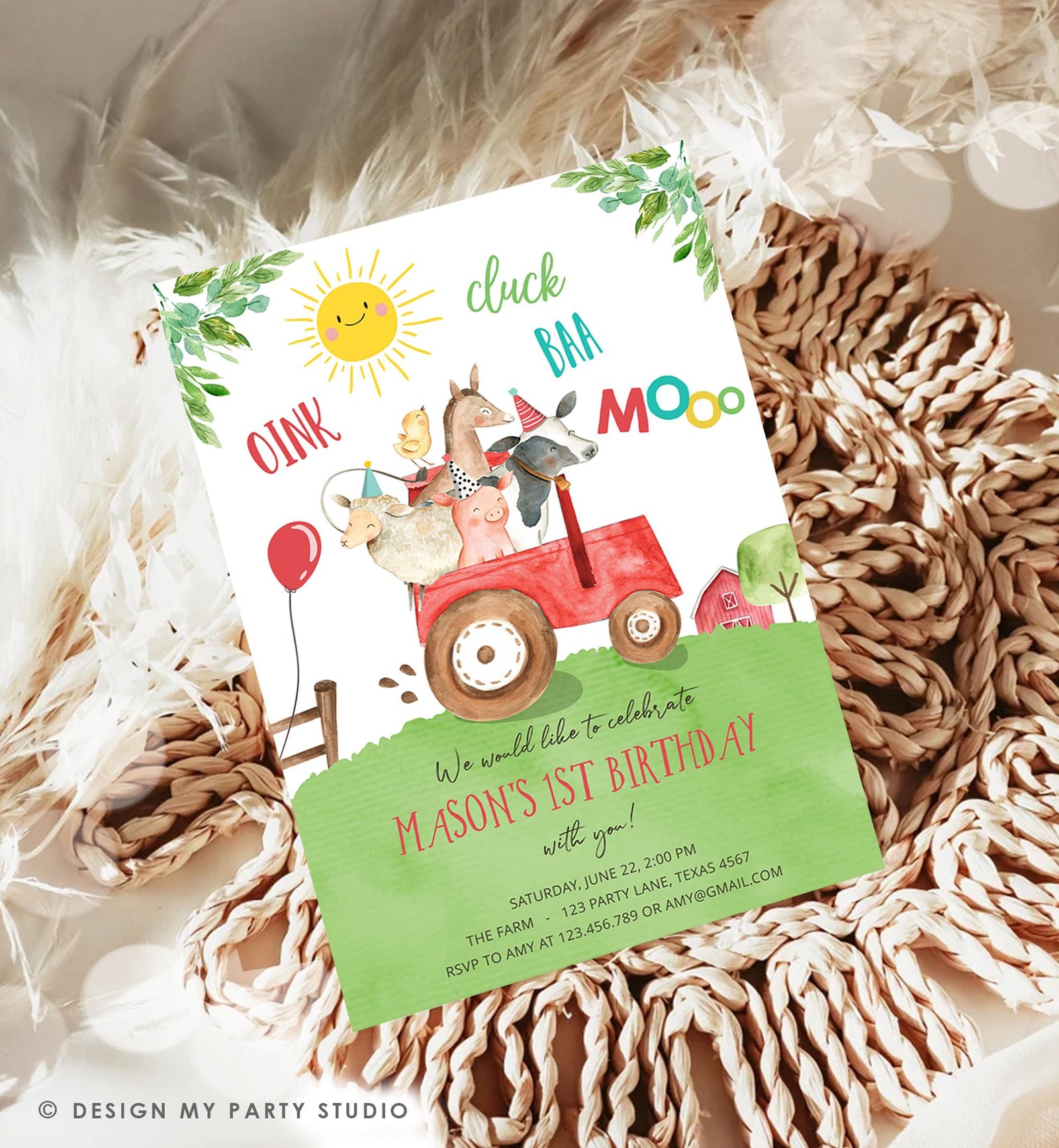Editable Farm Animals Birthday Invitation Boy Party Animals Boy Barnyard Red Tractor Party Digital Download Evite Template Printable 0155