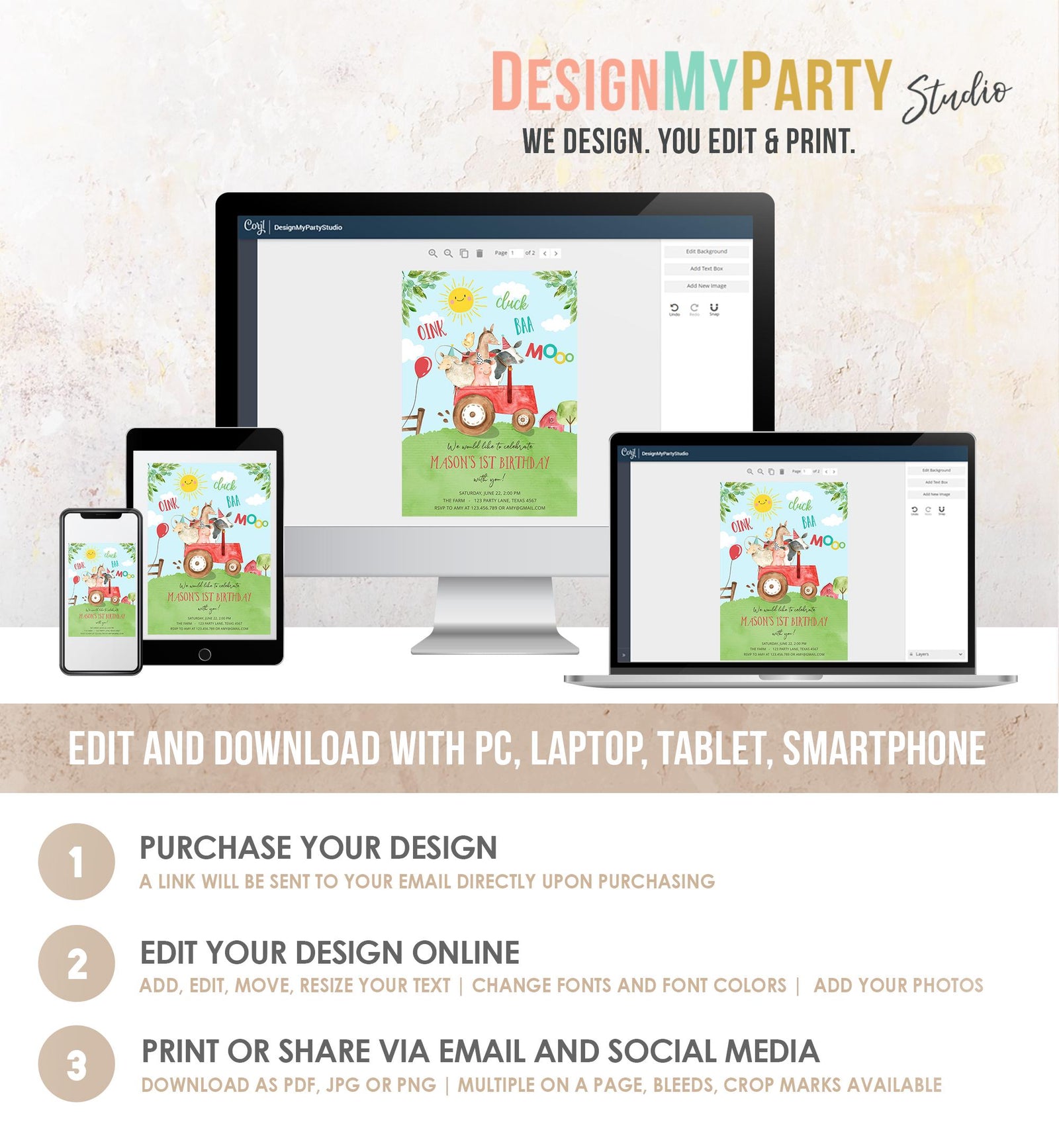 Editable Farm Animals Birthday Invitation Boy Party Animals Boy Barnyard Red Tractor Party Digital Download Evite Template Printable 0155