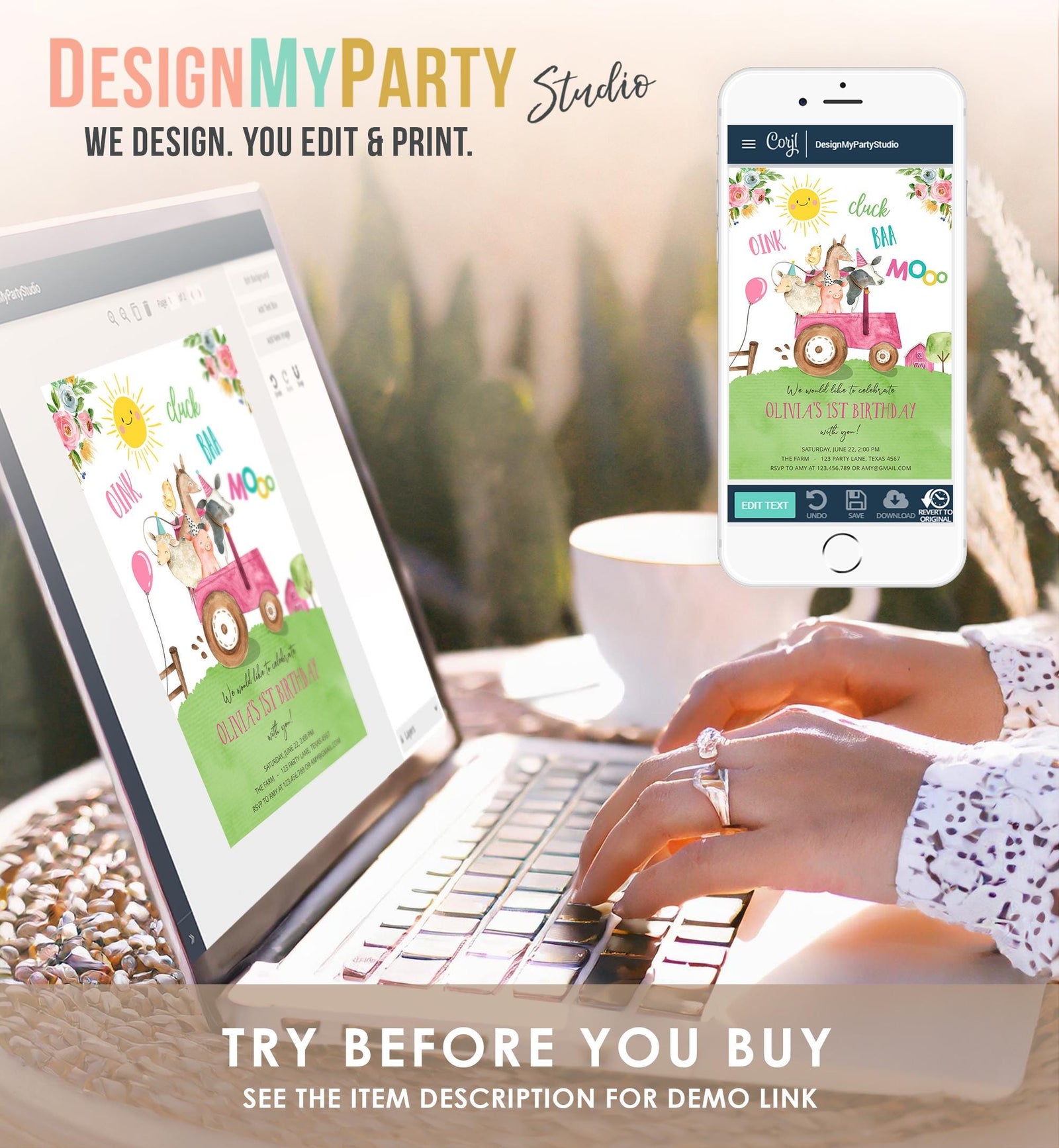 Editable Farm Animals Birthday Invitation Girl Party Animals Boy Barnyard Pink Tractor Party Digital Download Evite Template Printable 0155