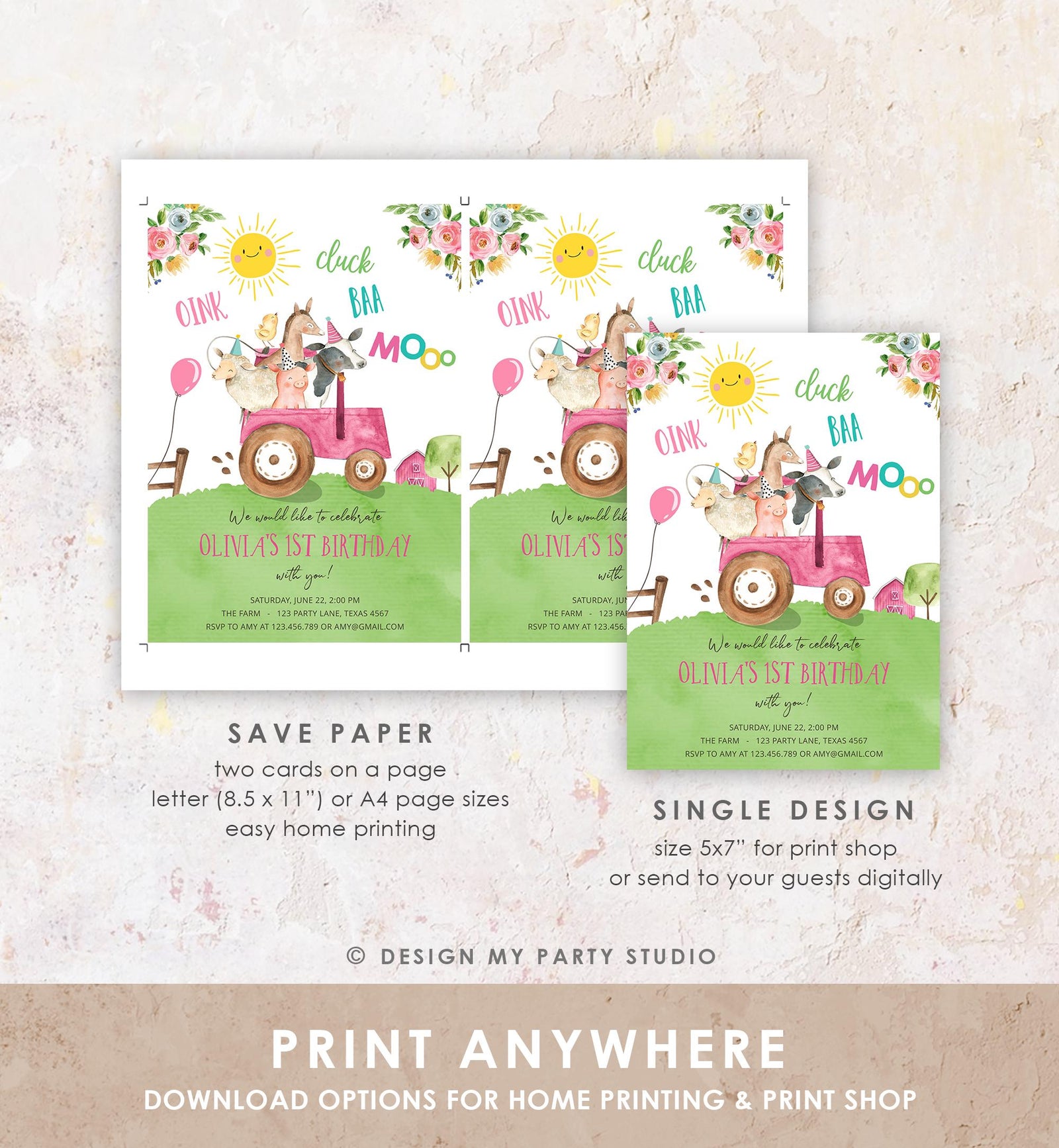 Editable Farm Animals Birthday Invitation Girl Party Animals Boy Barnyard Pink Tractor Party Digital Download Evite Template Printable 0155
