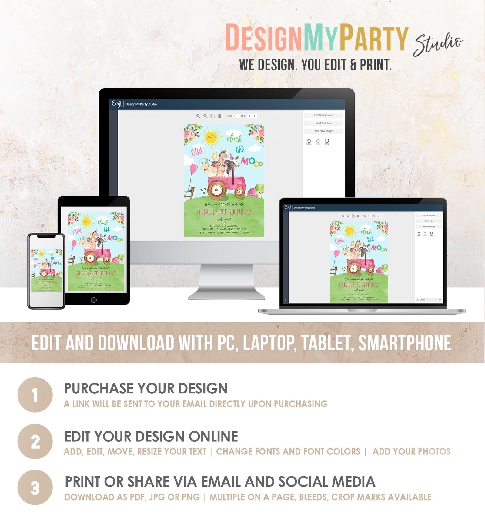 Editable Farm Animals Birthday Invitation Girl Party Animals Boy Barnyard Pink Tractor Party Digital Download Evite Template Printable 0155