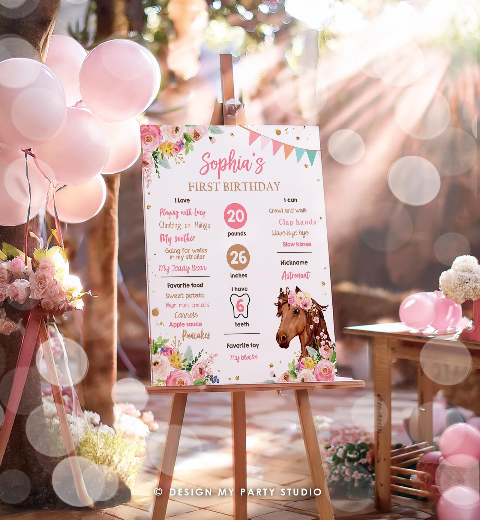 Editable Horse Birthday Milestones Sign First Birthday 1st Disco Rodeo Western Girl Pink Floral Download Digital Template Printable 0408