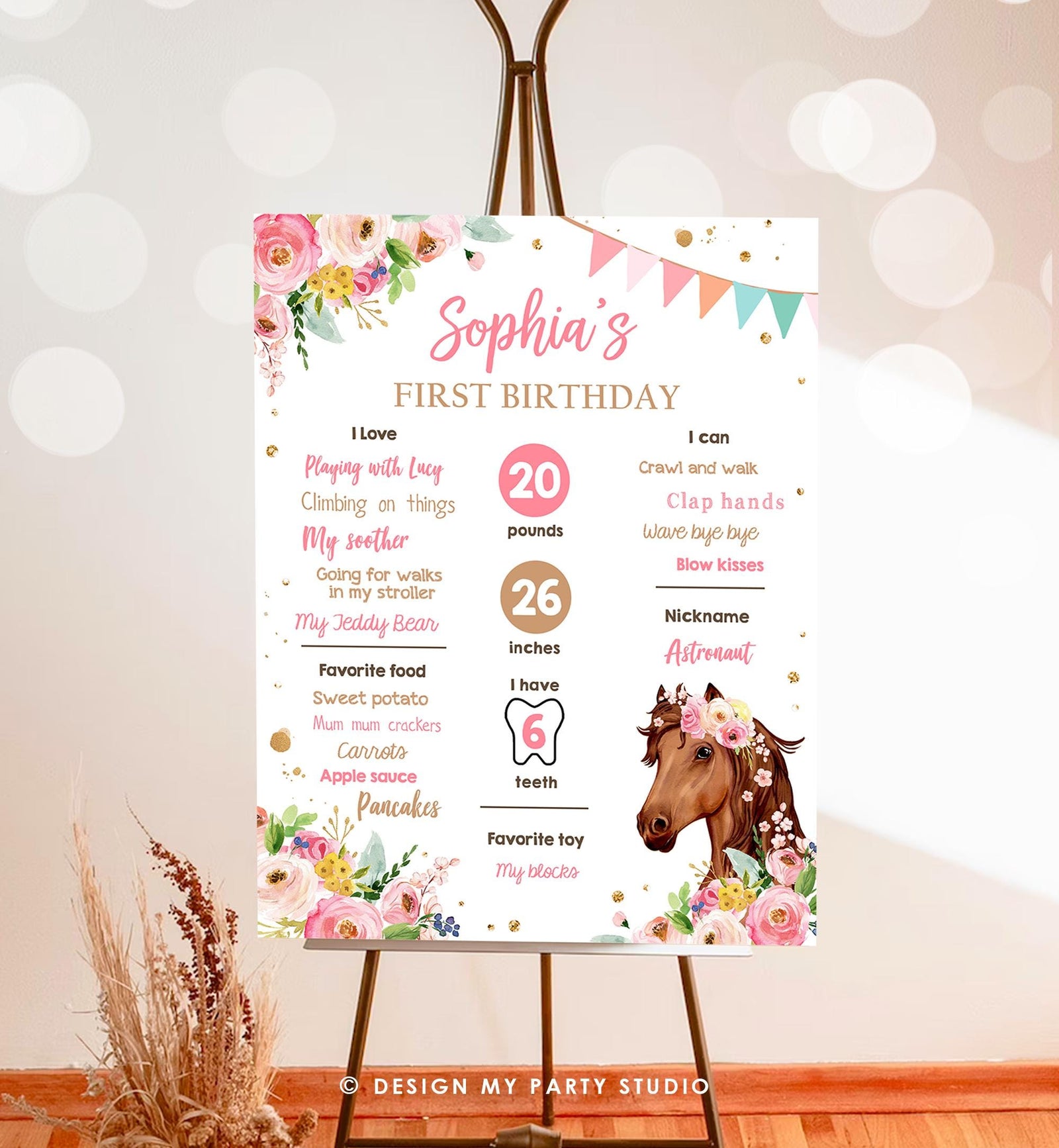 Editable Horse Birthday Milestones Sign First Birthday 1st Disco Rodeo Western Girl Pink Floral Download Digital Template Printable 0408