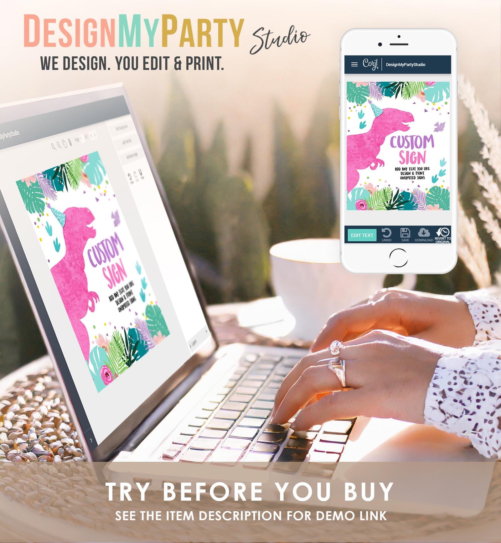 Editable Custom Dinosaur Birthday Sign Decor Dino Party Table Sign Girl Pink T-Rex 8x10 Party Three Rex Digital Template Printable 0423