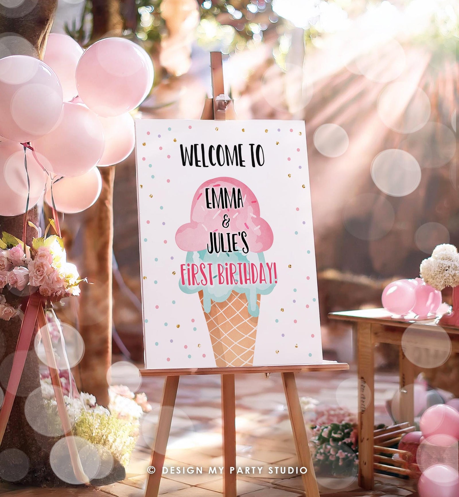 Editable Ice Cream Party Welcome Sign Ice Cream Birthday Twins Twin Siblings Joint Pink Teal Digital Download Template Printable 0243