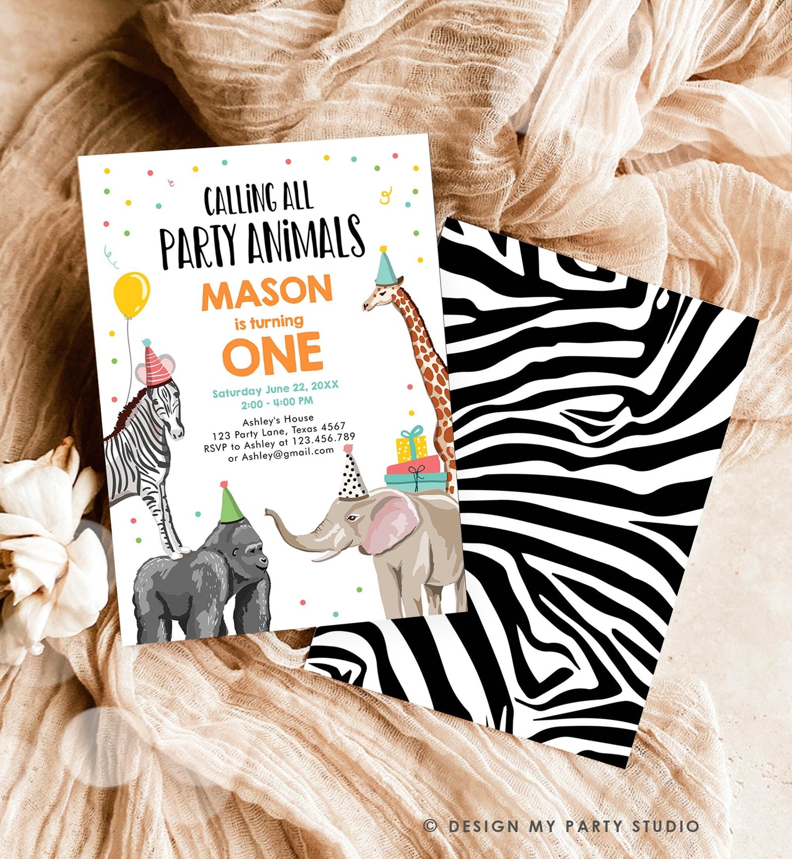 Editable Party Animals Birthday Invitation Wild One Animals Invitation Zoo Safari Animals Boy Download Digital Template Printable 0142