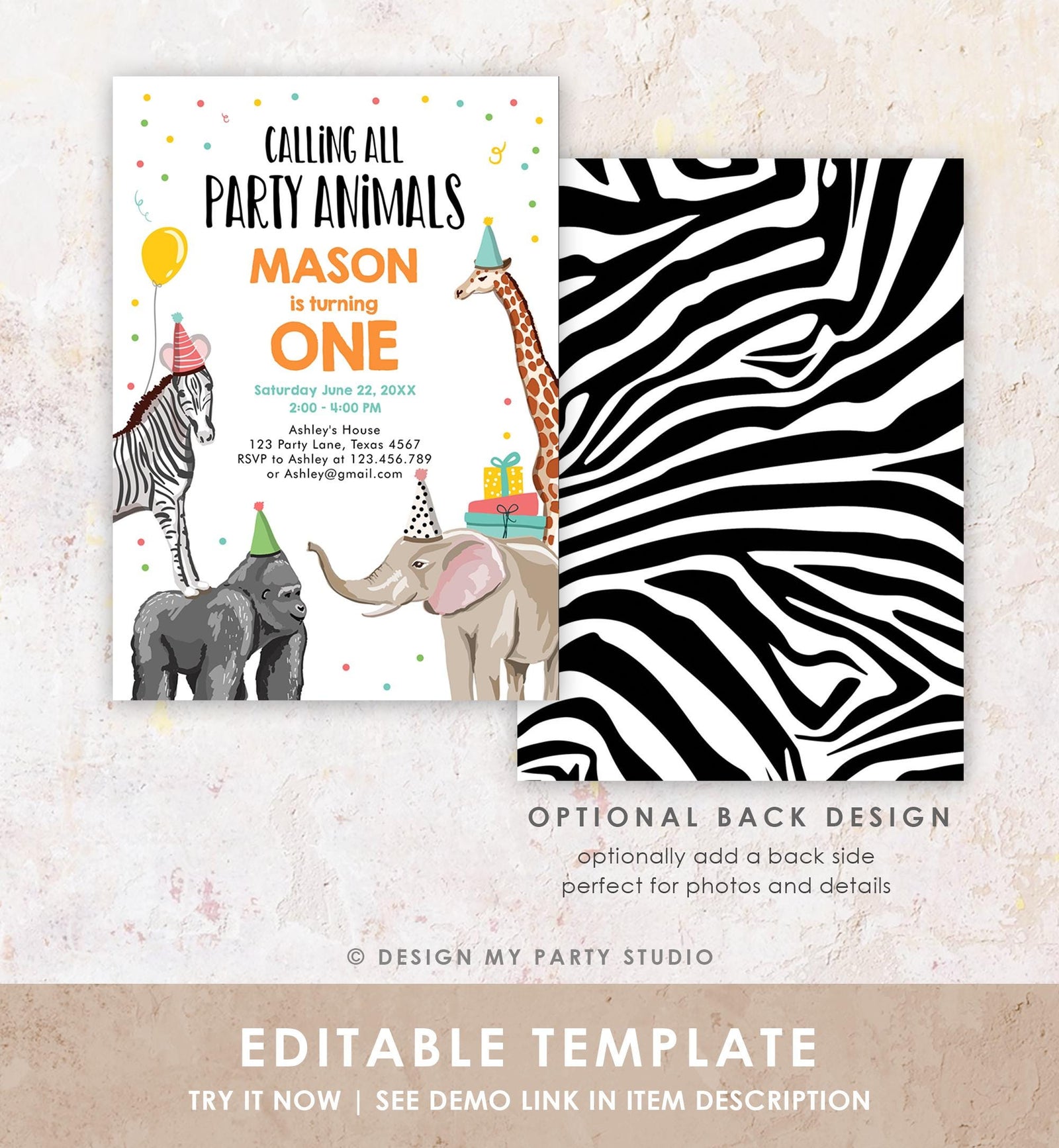 Editable Party Animals Birthday Invitation Wild One Animals Invitation Zoo Safari Animals Boy Download Digital Template Printable 0142