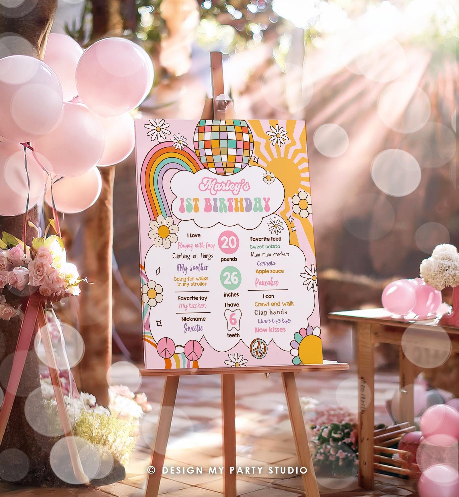 Editable Retro Groovy Birthday Milestones Sign Girl 1st First Hippie Flower Power 70's Boho Download Digital Template Printable 0538