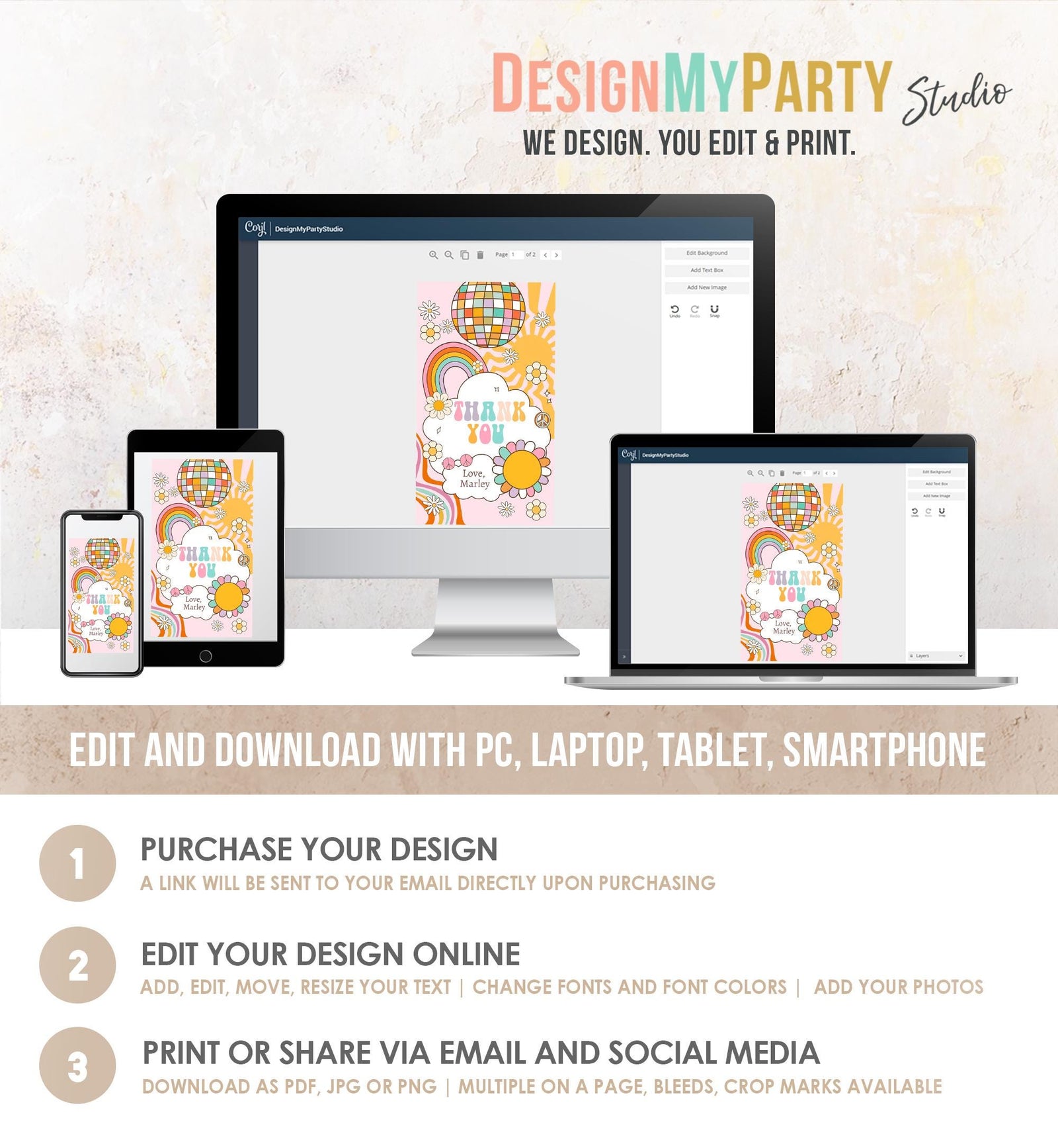 Editable Groovy Retro Favor Tag Disco Birthday Thank You Tag Girl Retro 70's Party Flower Power Hippie Digital Template Printable 0538