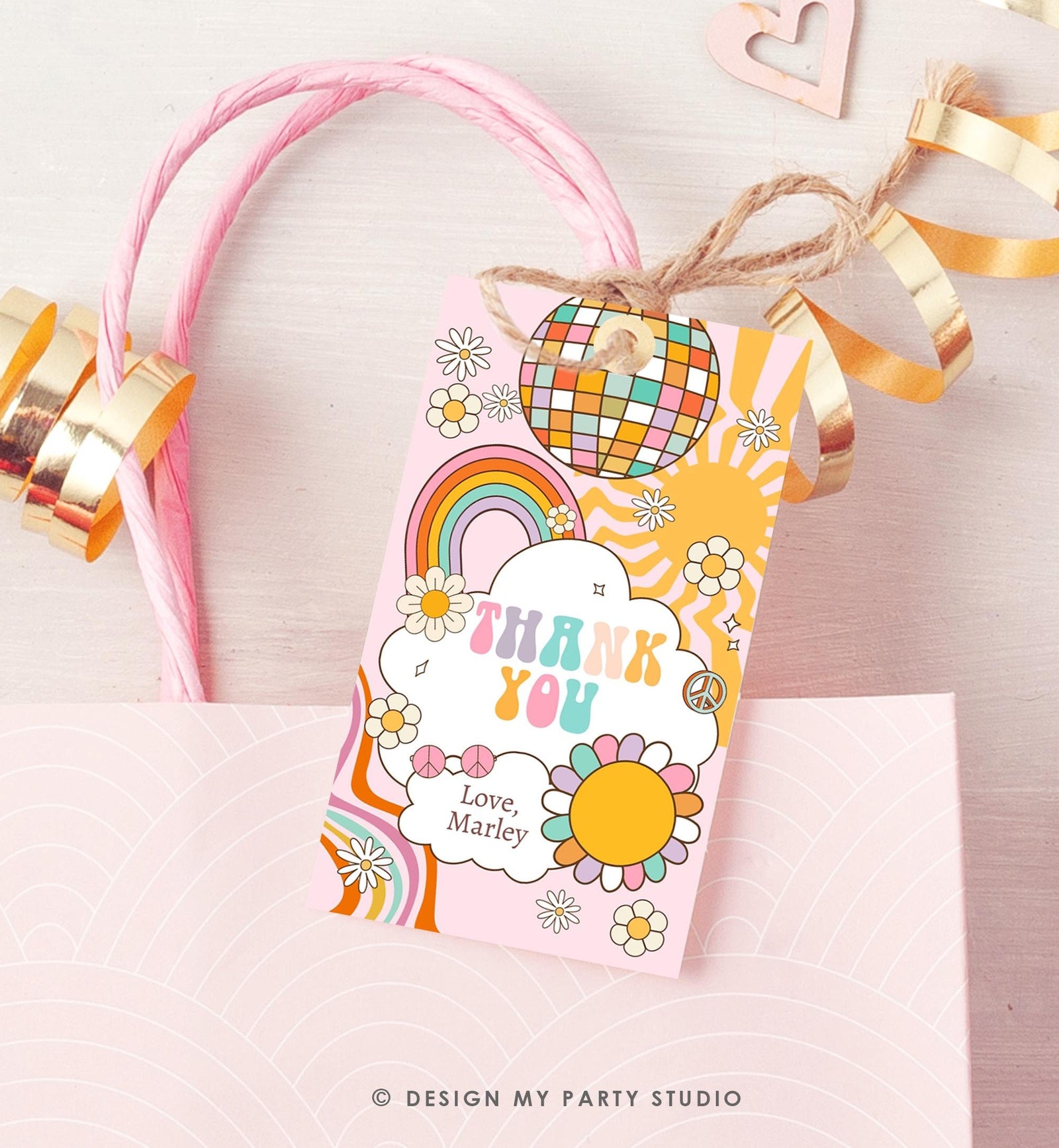 Editable Groovy Retro Favor Tag Disco Birthday Thank You Tag Girl Retro 70's Party Flower Power Hippie Digital Template Printable 0538
