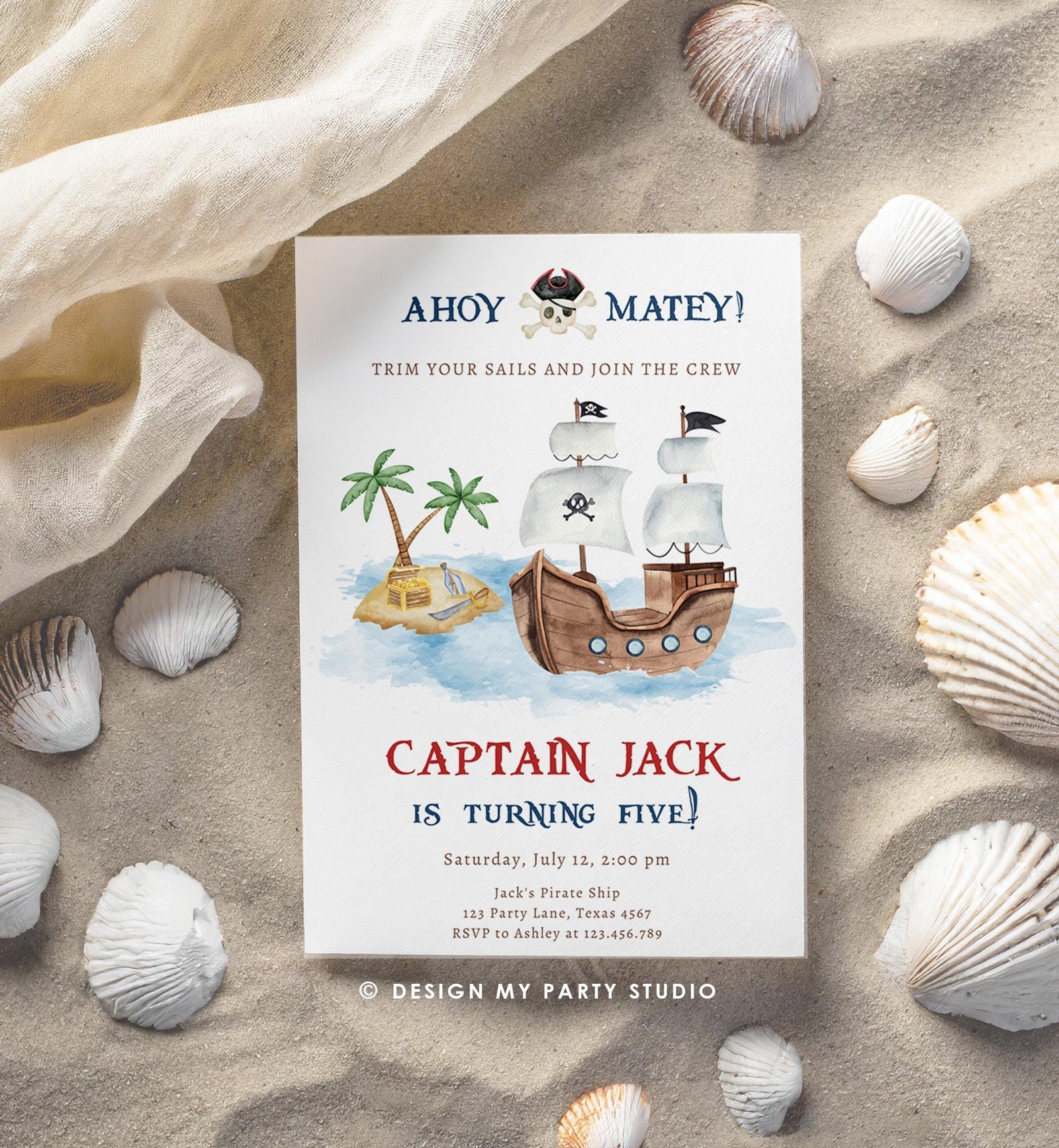 Editable Ahoy Matey Pirate Birthday Invitation Pirates Party Nautical Adventure Ship Treasure Island Digital Evite Template Printable 0531