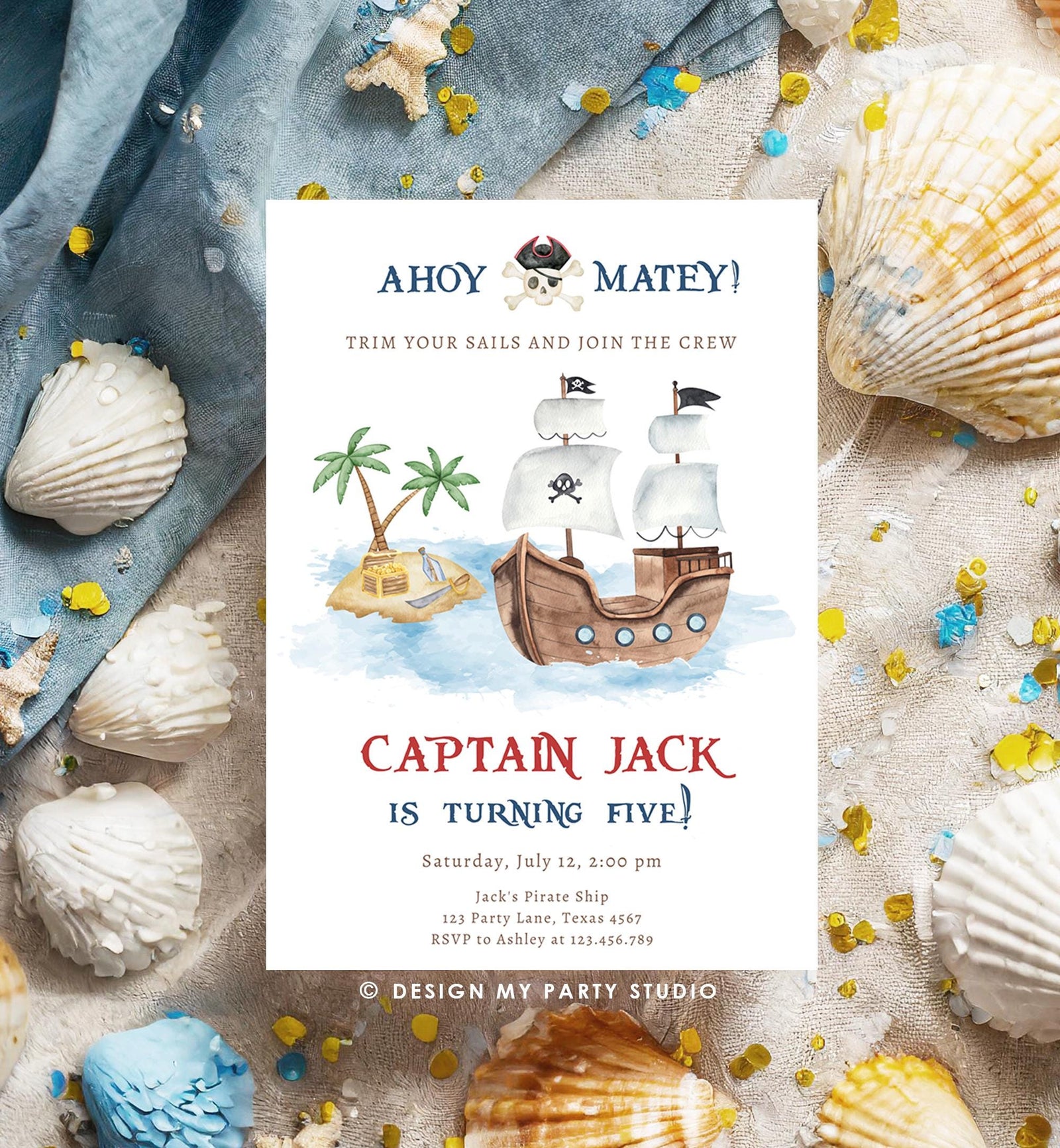 Editable Ahoy Matey Pirate Birthday Invitation Pirates Party Nautical Adventure Ship Treasure Island Digital Evite Template Printable 0531